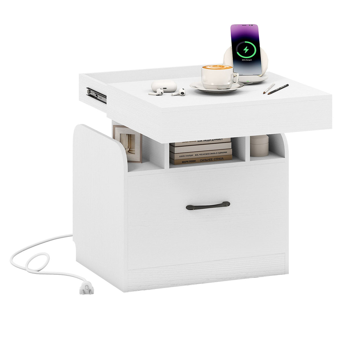 Nightstand with Charging Station Modern Bedside Table for Living Room Bedroom Office