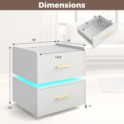 Nightstand with Charging Station LED Bedside Table with 2 Storage Drawers