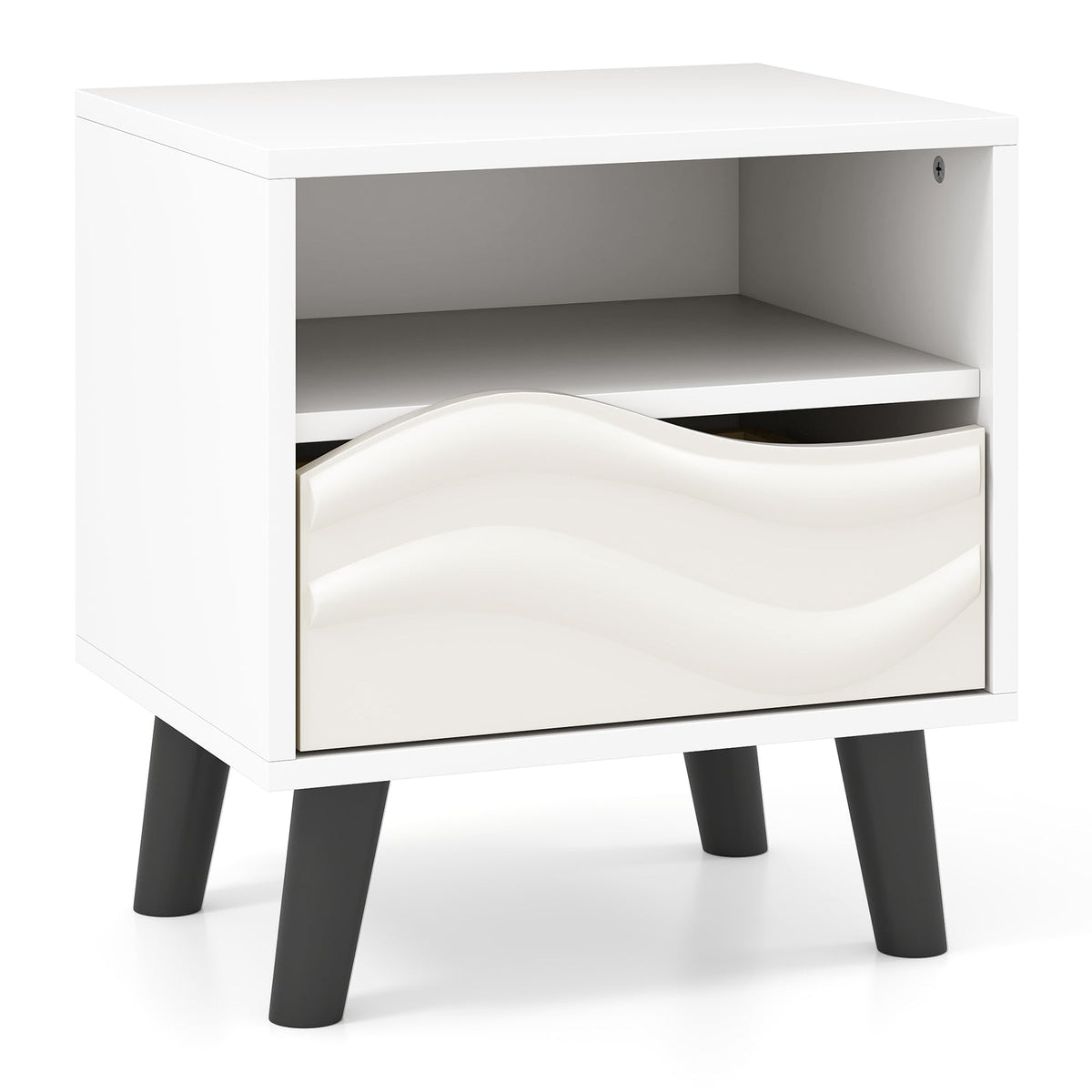 Nightstand Mid Century Modern Bedside Table with 3D Wavy Pattern and Open Shelf-White