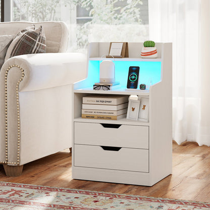 Nightstand with LED Light and Charging Station for Living Room Bedroom-White