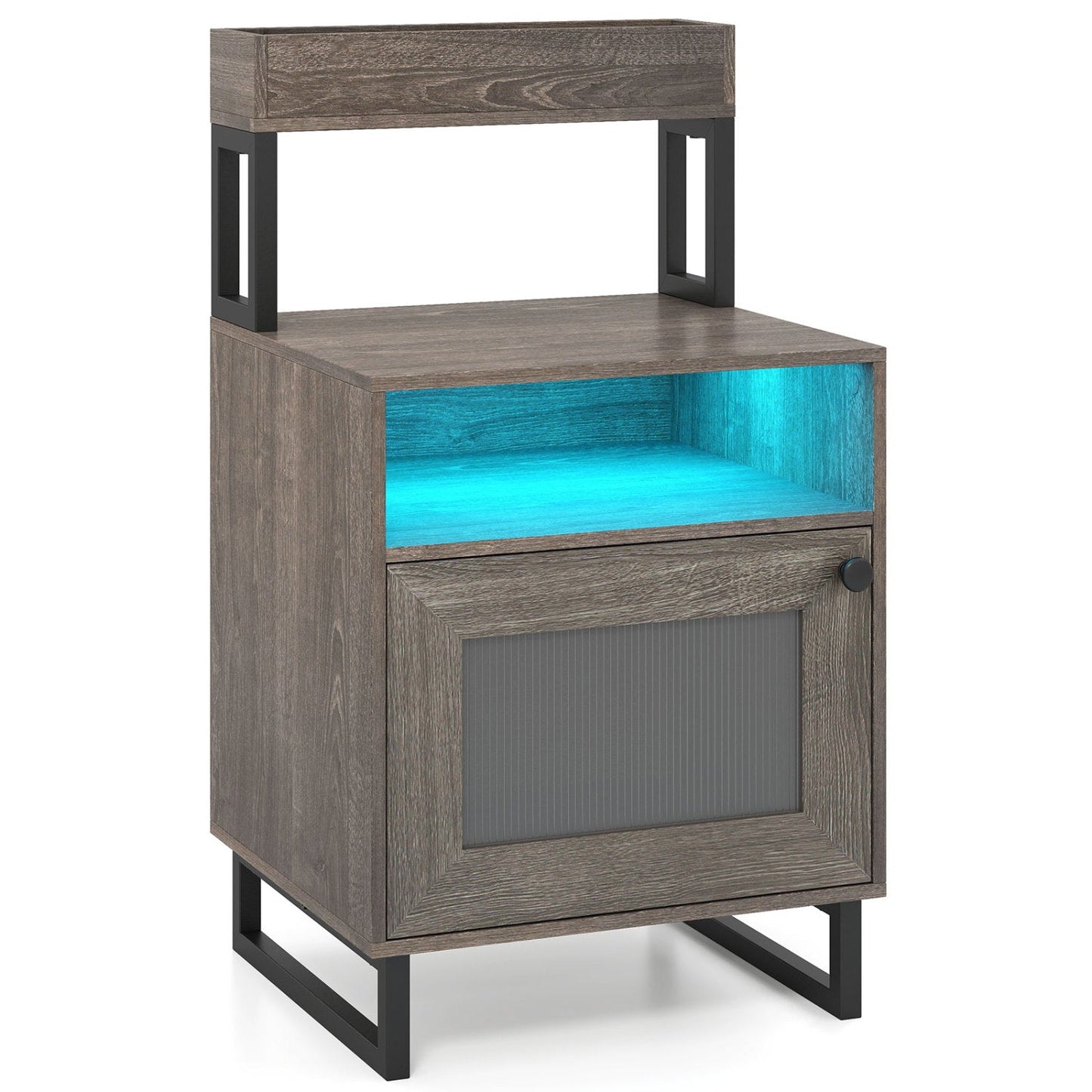 Nightstand with LED Lights Modern End Table with Top Tray Open Compartment and Storage Cabinet