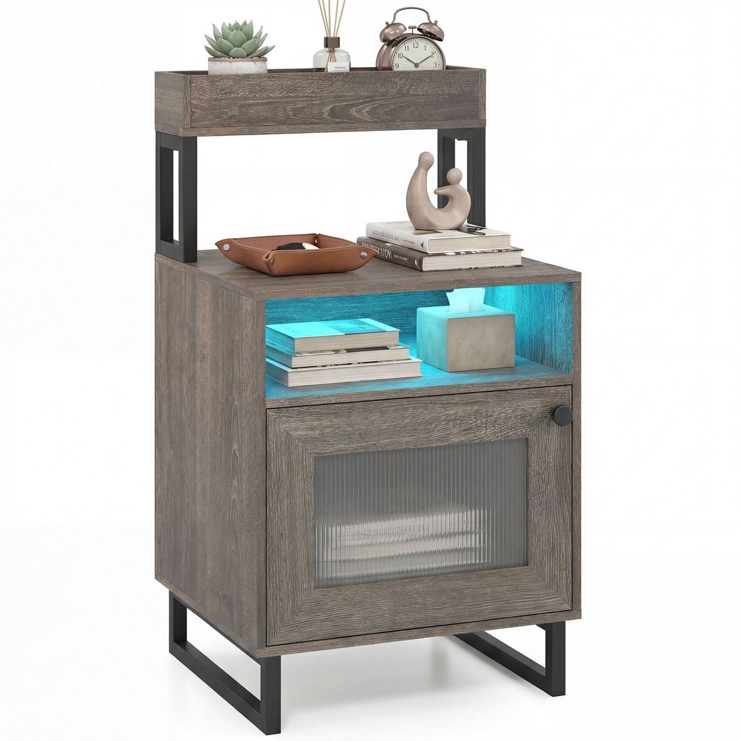 Nightstand with LED Lights Modern End Table with Top Tray Open Compartment and Storage Cabinet
