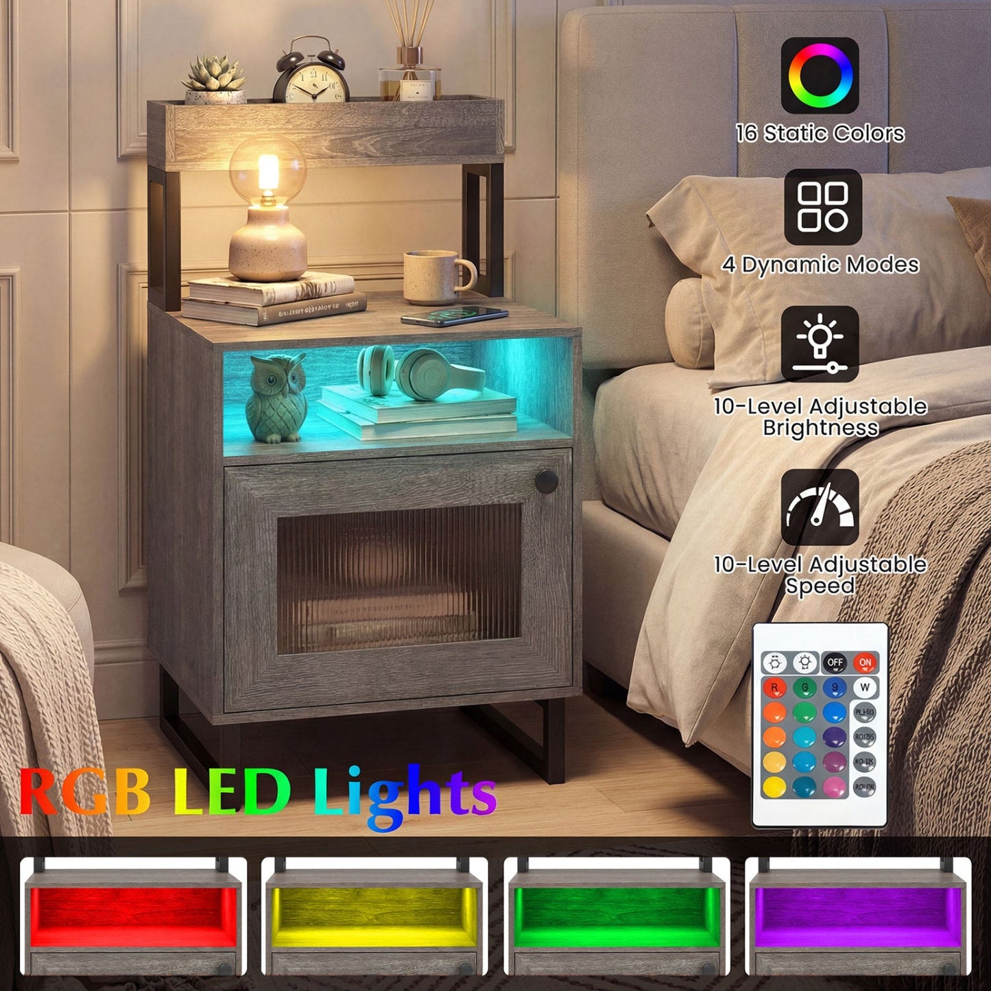 Nightstand with LED Lights Modern End Table with Top Tray Open Compartment and Storage Cabinet