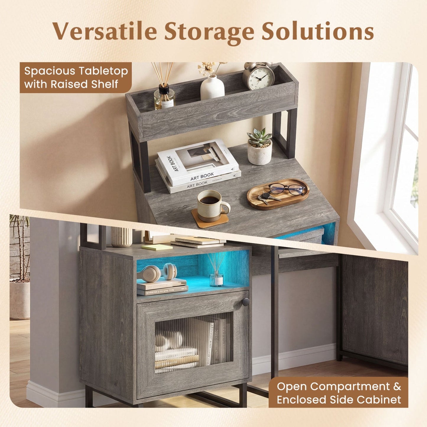 Nightstand with LED Lights Modern End Table with Top Tray Open Compartment and Storage Cabinet