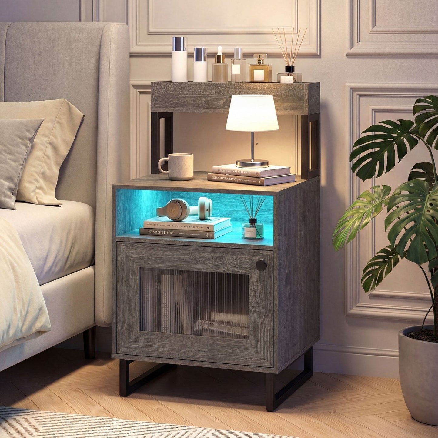 Nightstand with LED Lights Modern End Table with Top Tray Open Compartment and Storage Cabinet