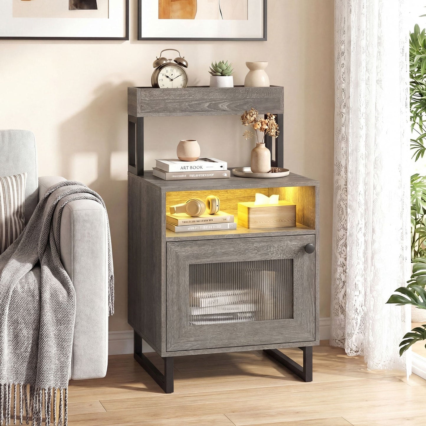 Nightstand with LED Lights Modern End Table with Top Tray Open Compartment and Storage Cabinet