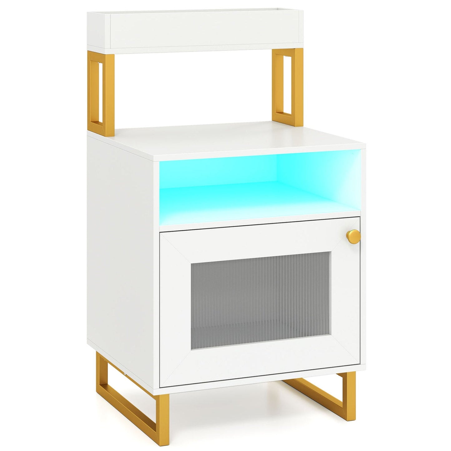 Nightstand with LED Lights Modern End Table with Top Tray Open Compartment and Storage Cabinet