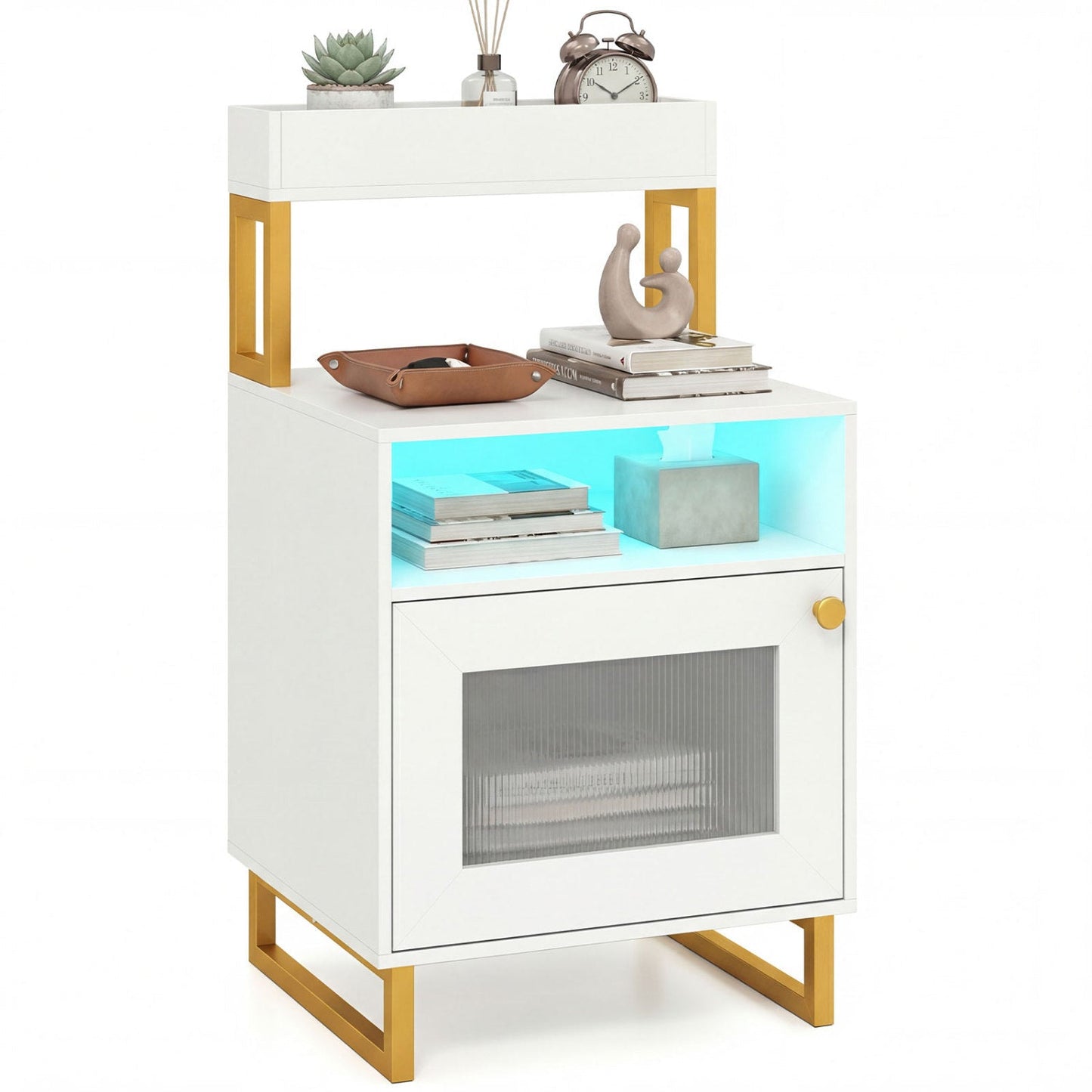 Nightstand with LED Lights Modern End Table with Top Tray Open Compartment and Storage Cabinet