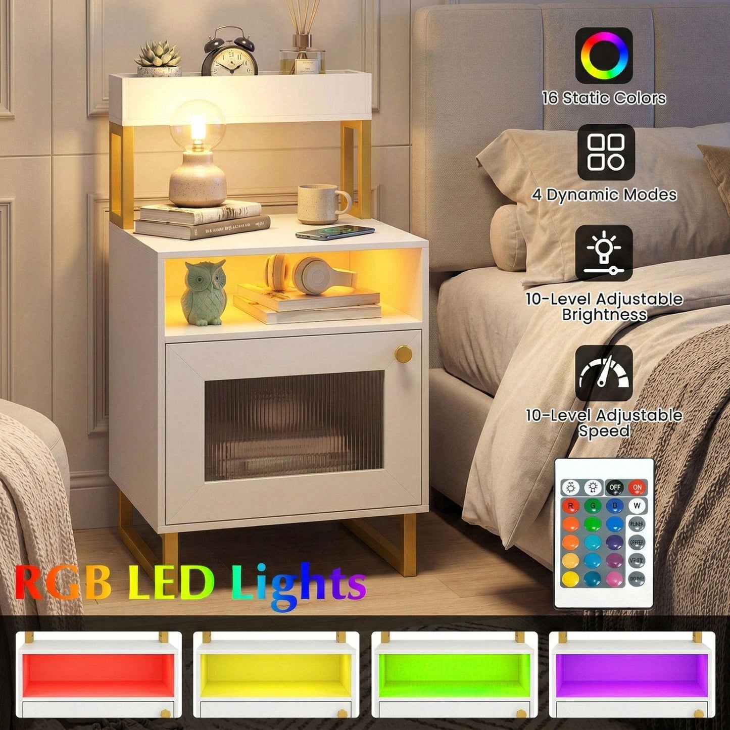 Nightstand with LED Lights Modern End Table with Top Tray Open Compartment and Storage Cabinet