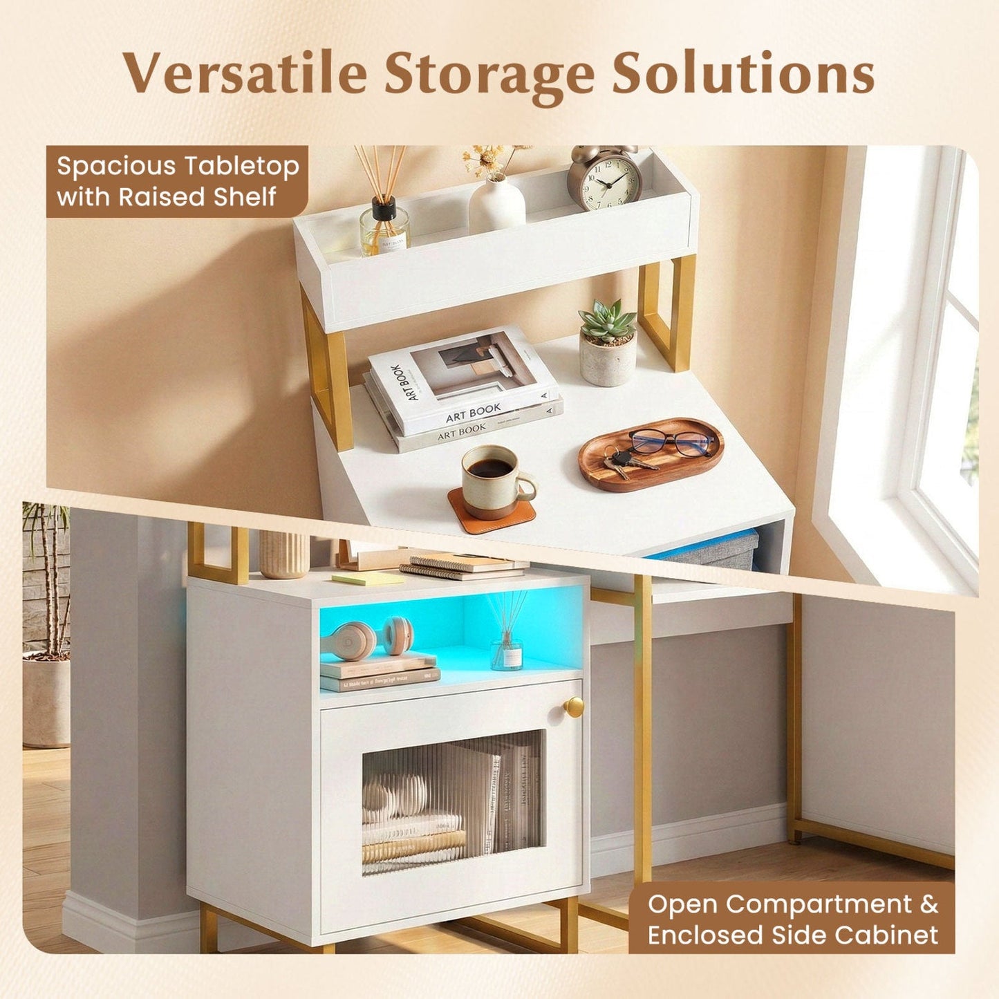 Nightstand with LED Lights Modern End Table with Top Tray Open Compartment and Storage Cabinet