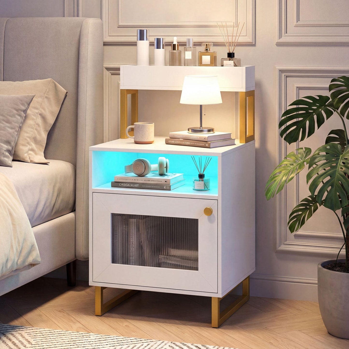 Nightstand with LED Lights Modern End Table with Top Tray Open Compartment and Storage Cabinet
