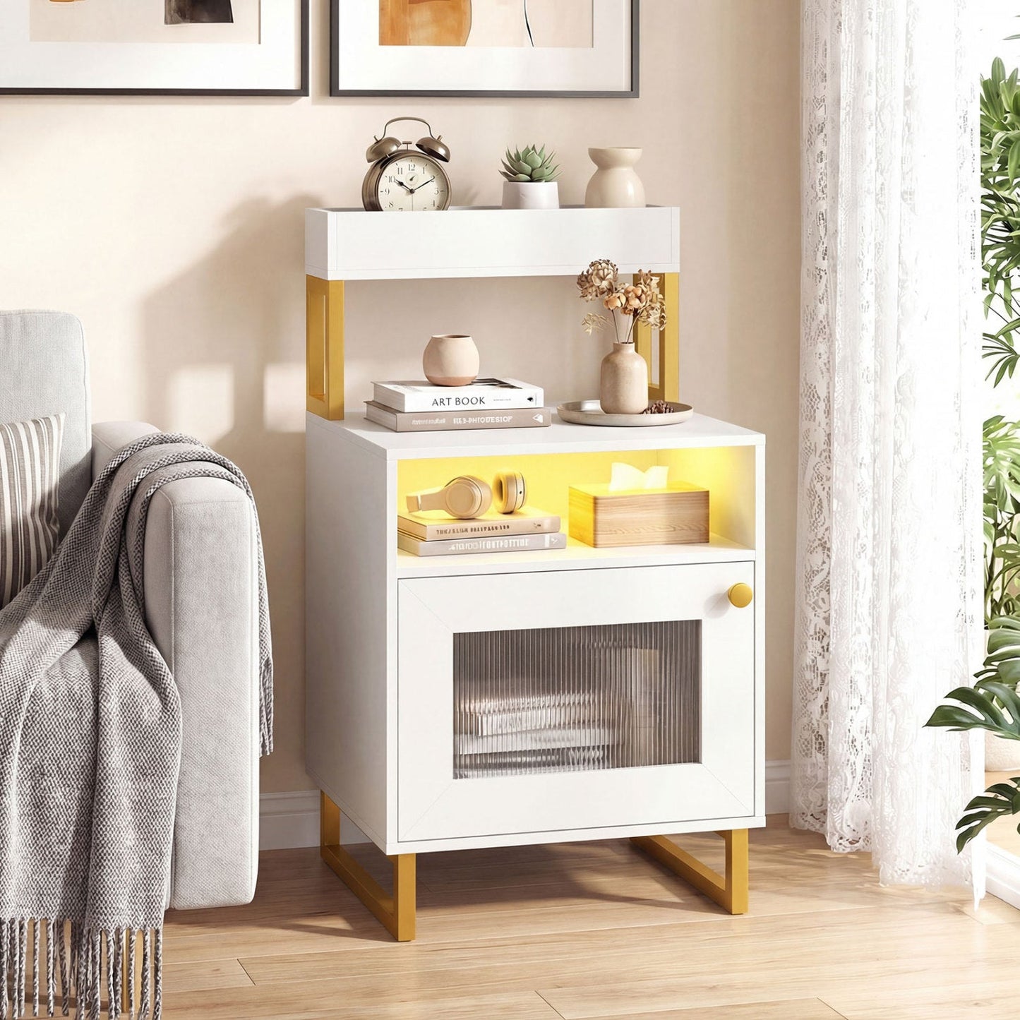 Nightstand with LED Lights Modern End Table with Top Tray Open Compartment and Storage Cabinet