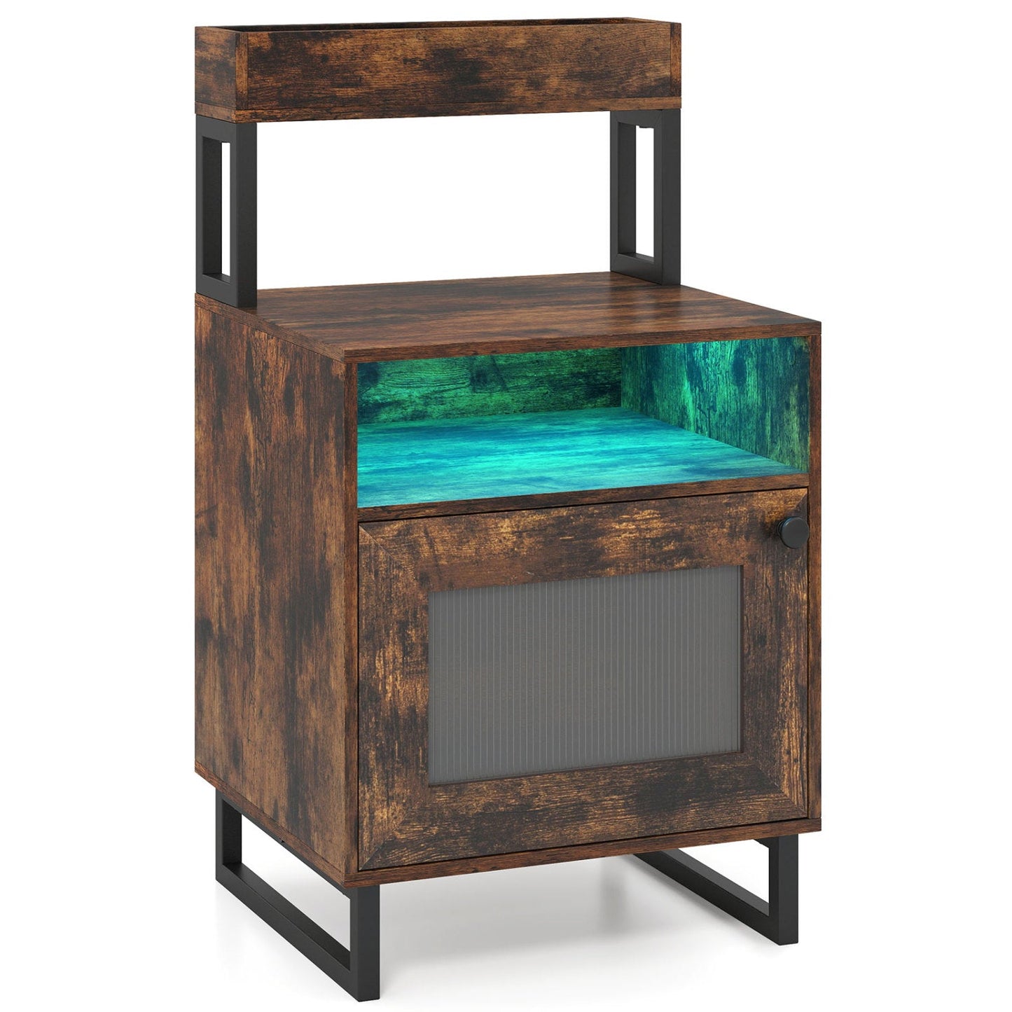 Nightstand with LED Lights Modern End Table with Top Tray Open Compartment and Storage Cabinet