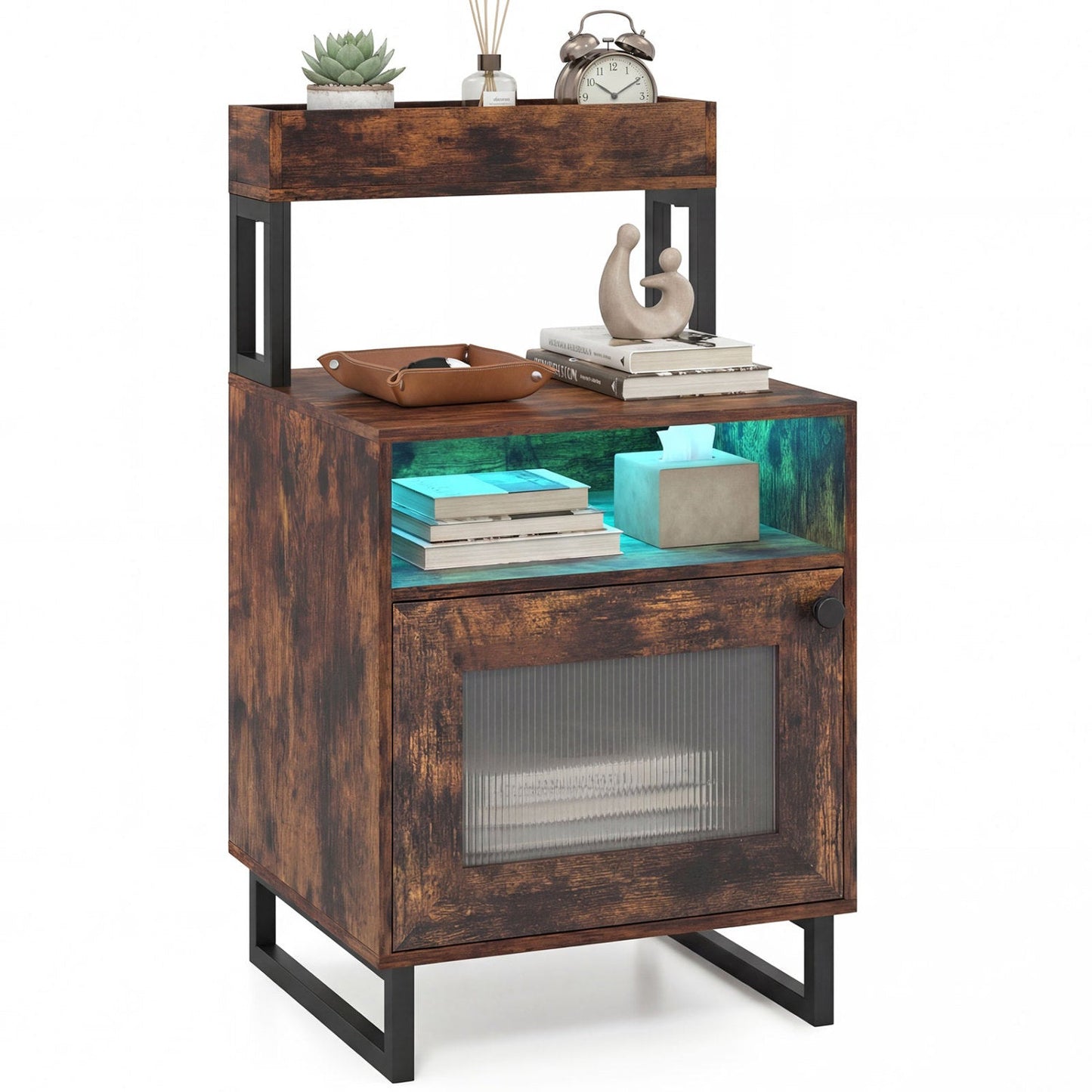 Nightstand with LED Lights Modern End Table with Top Tray Open Compartment and Storage Cabinet