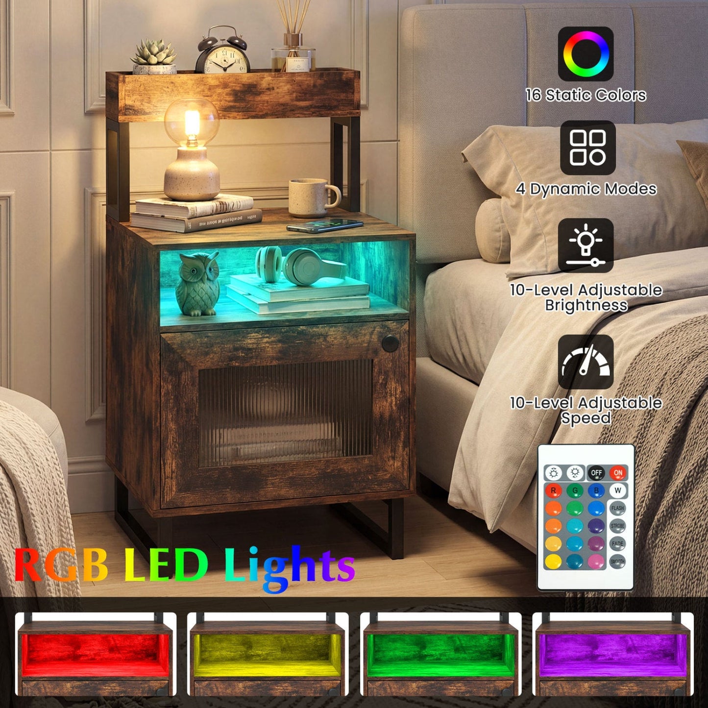 Nightstand with LED Lights Modern End Table with Top Tray Open Compartment and Storage Cabinet
