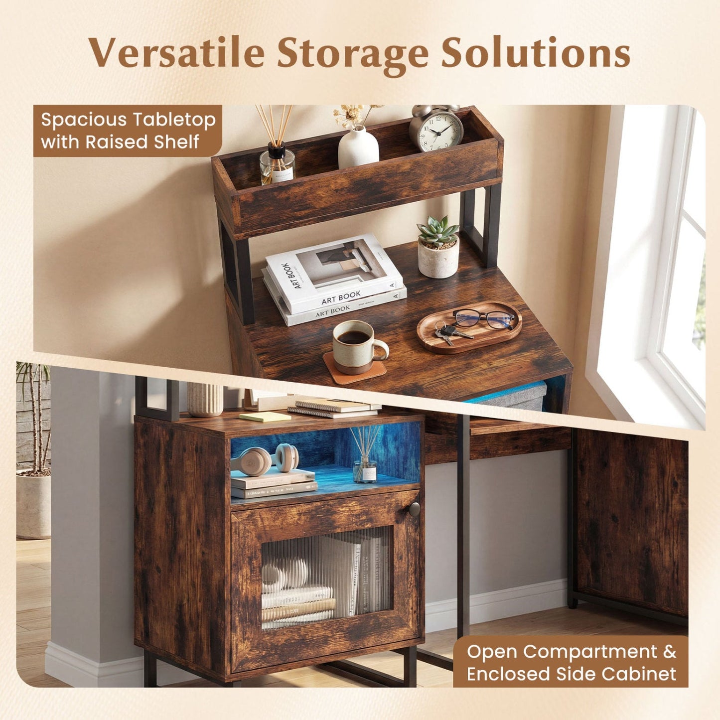Nightstand with LED Lights Modern End Table with Top Tray Open Compartment and Storage Cabinet