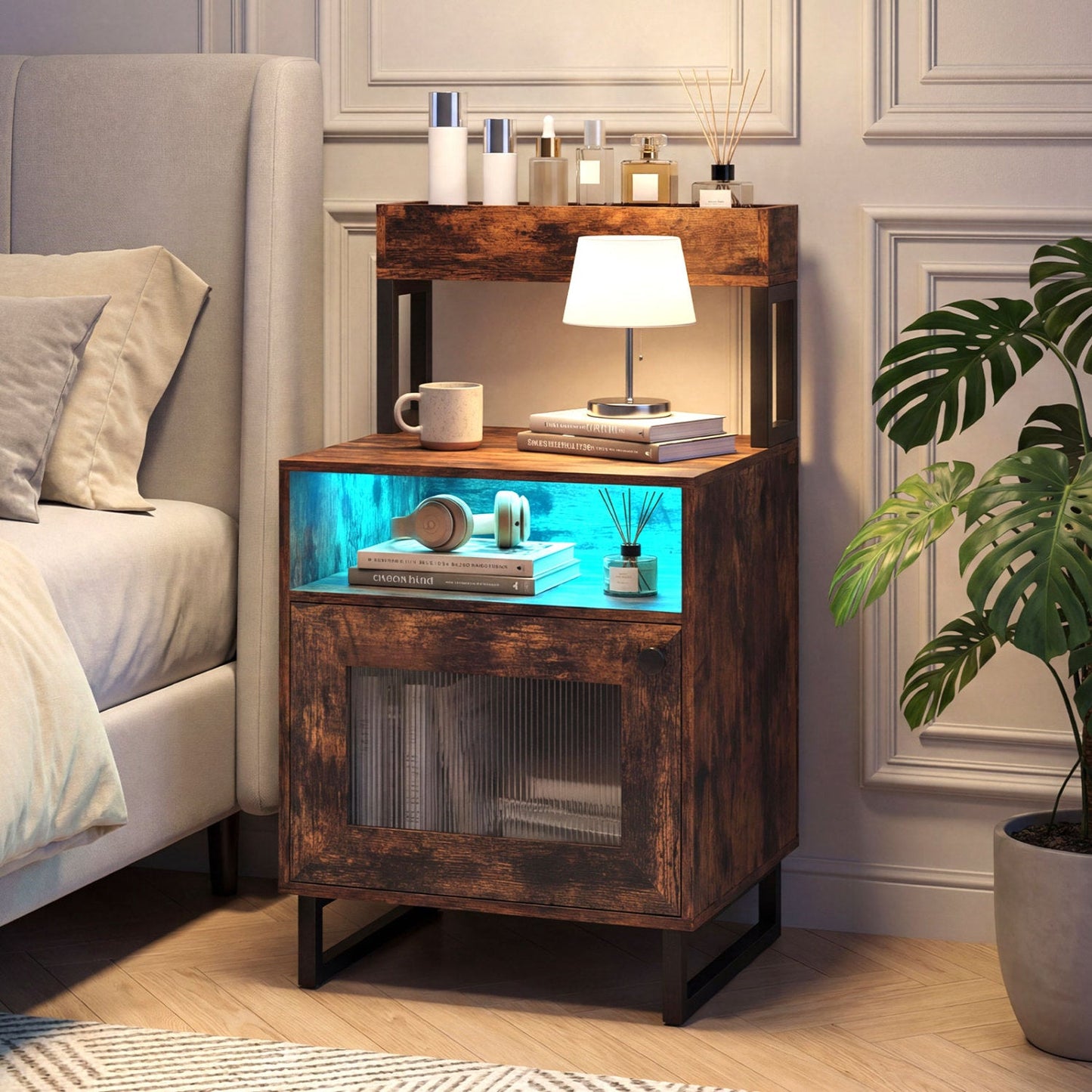 Nightstand with LED Lights Modern End Table with Top Tray Open Compartment and Storage Cabinet