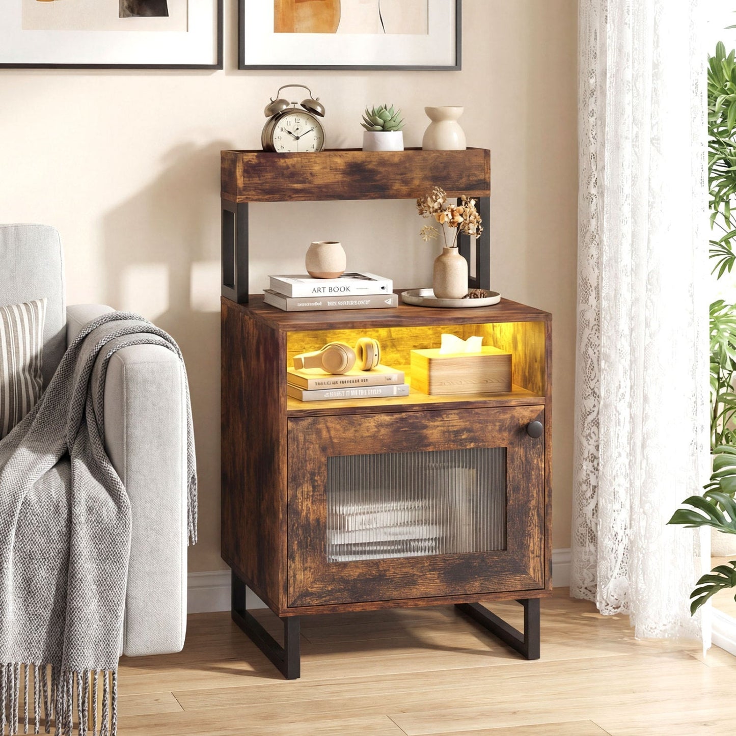 Nightstand with LED Lights Modern End Table with Top Tray Open Compartment and Storage Cabinet