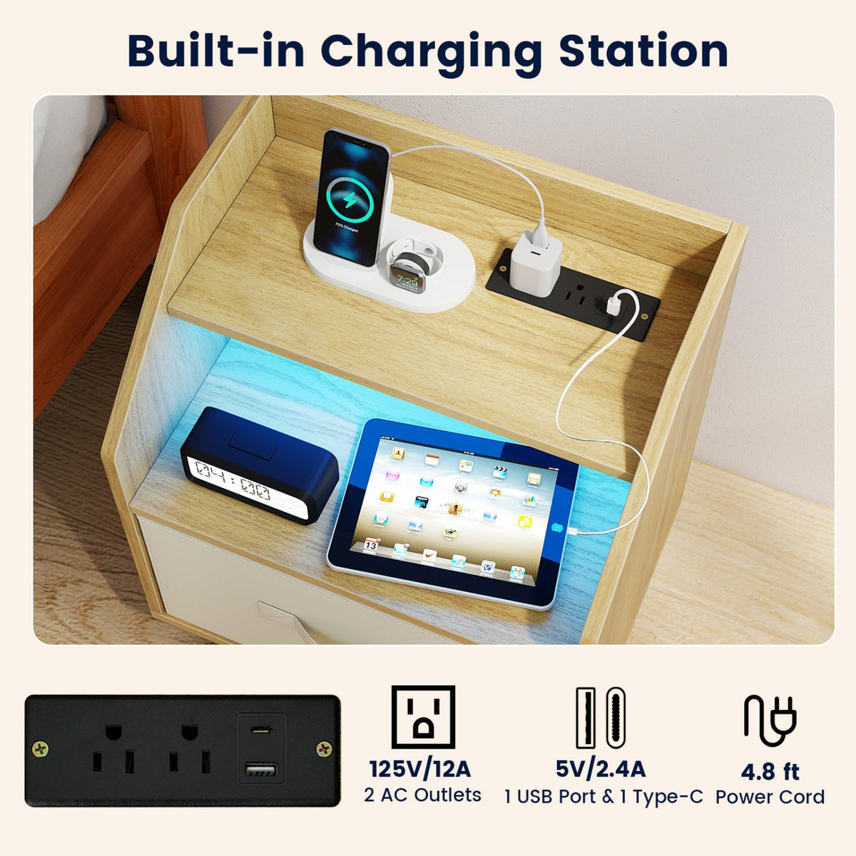 Nightstand with Power Outlets and LED Lighting