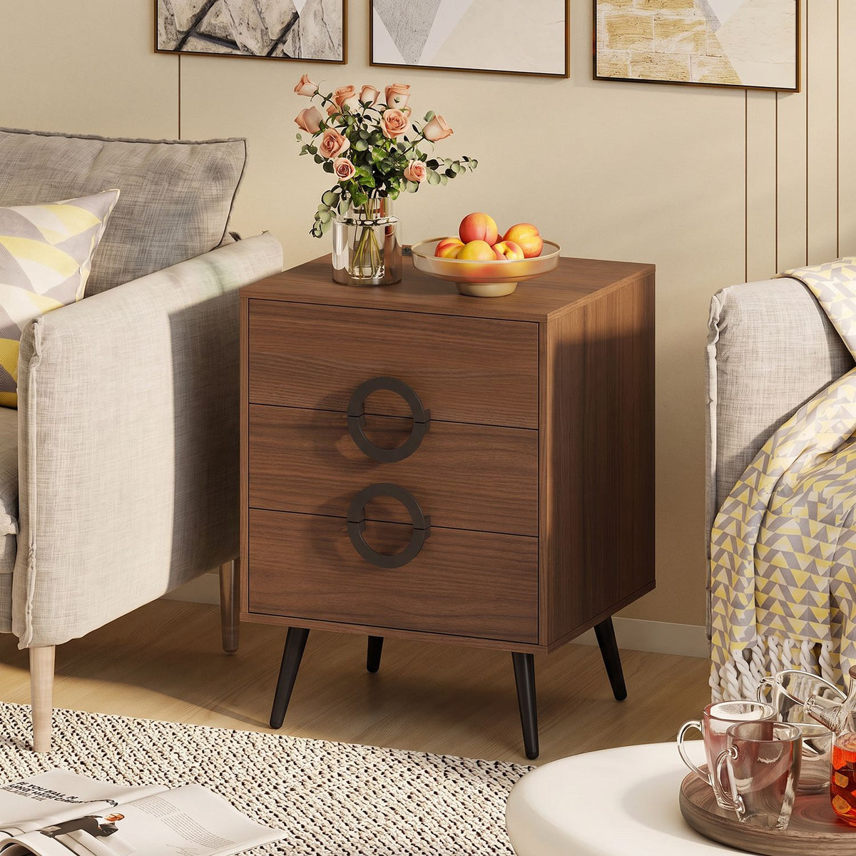 Nightstand with Power Outlets and 3 Drawers Modern Bedside Table with Cable Hole