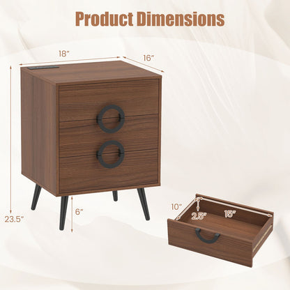 Nightstand with Power Outlets and 3 Drawers Modern Bedside Table with Cable Hole