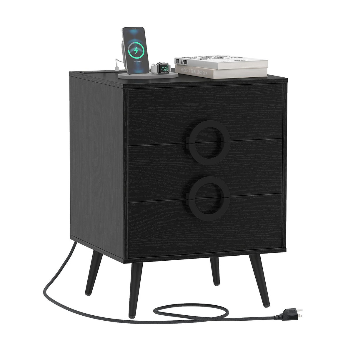 Nightstand with Power Outlets and 3 Drawers Modern Bedside Table with Cable Hole