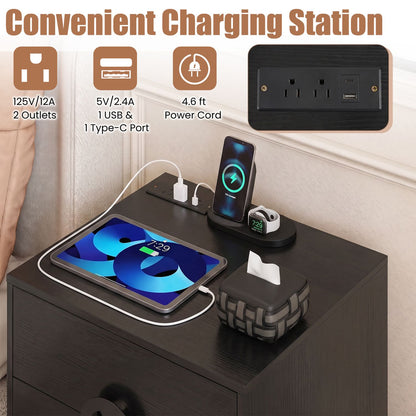 Nightstand with Power Outlets and 3 Drawers Modern Bedside Table with Cable Hole