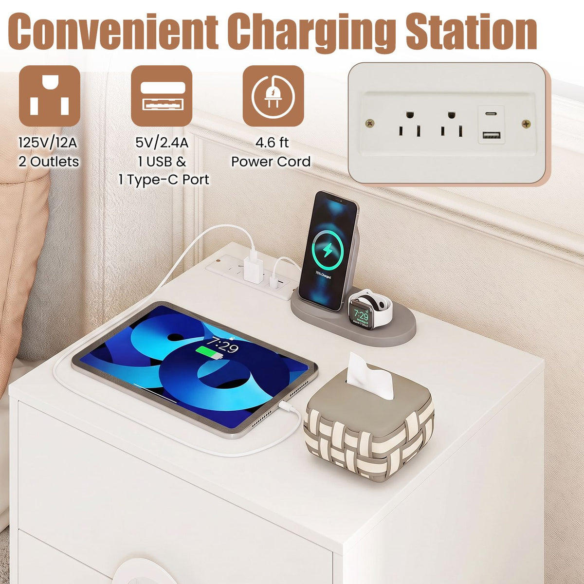 Nightstand with Power Outlets and 3 Drawers Modern Bedside Table with Cable Hole