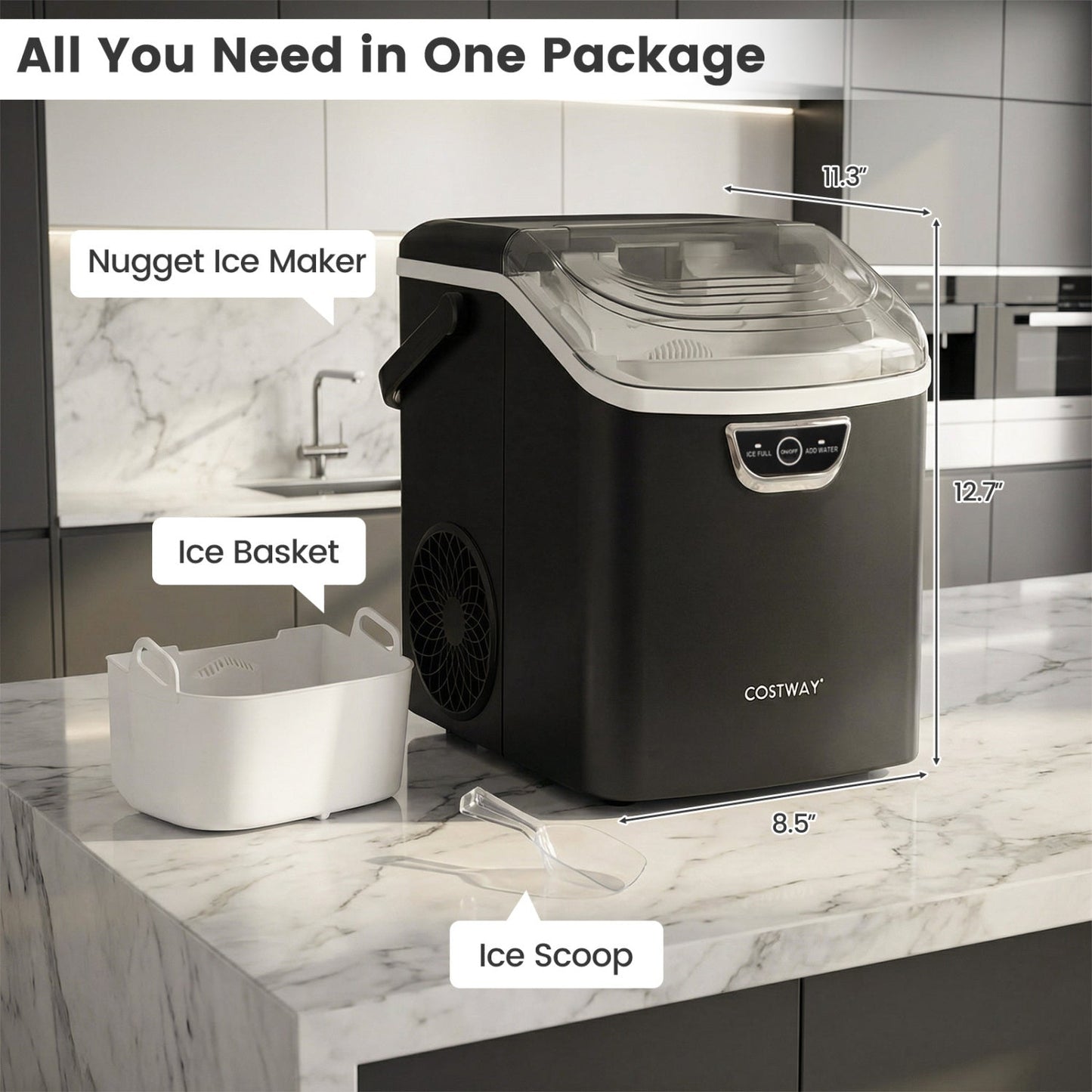 Nugget Ice Maker Countertop with Audible Ice Full Alarm