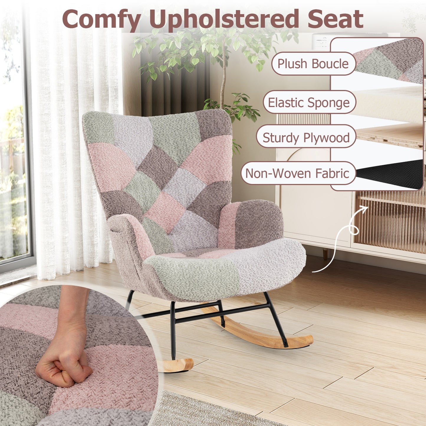 Rocking Chair with Ergonomic Armrests and High Backrest