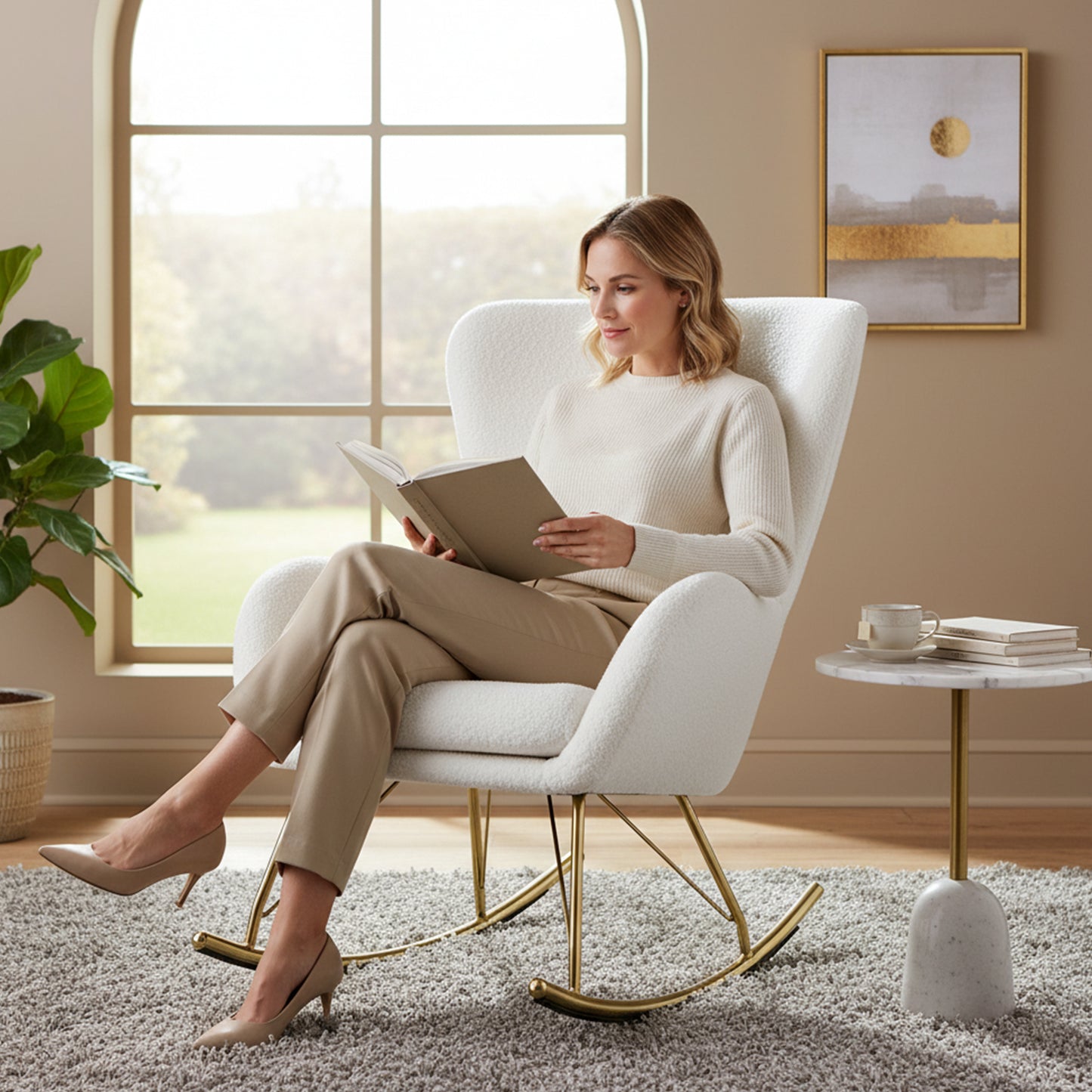 Nursery Rocking Chair with Curved Backrest and Armrests