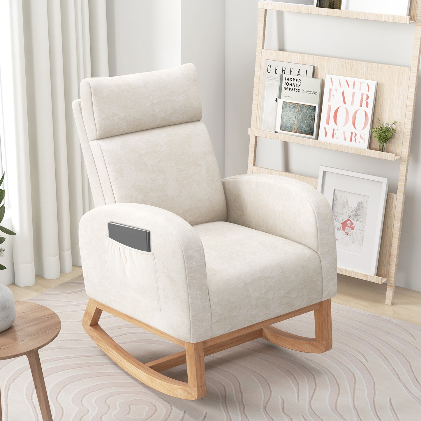 Upholstered Rocking Chair with Rubber Wood Frame