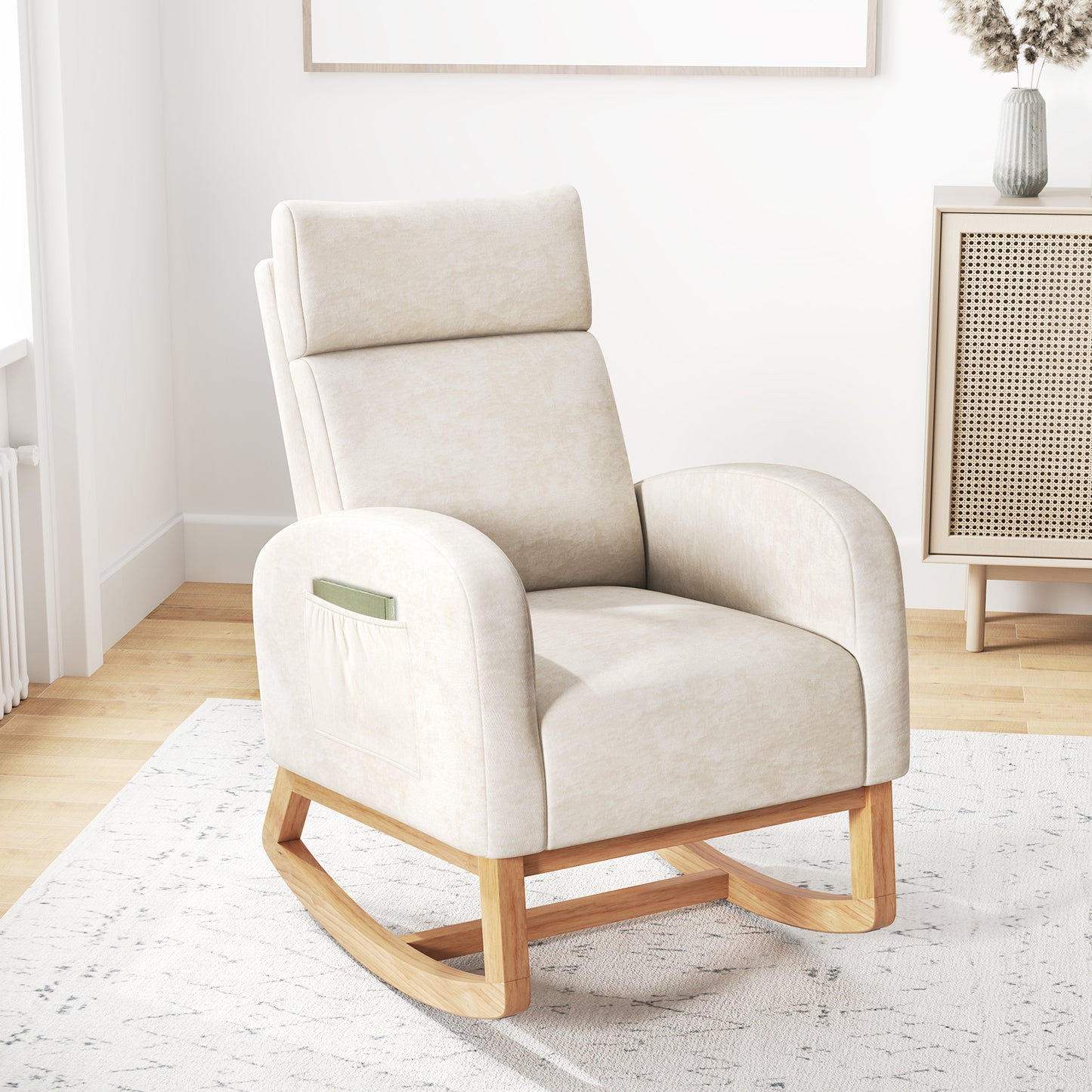 Upholstered Rocking Chair with Rubber Wood Frame