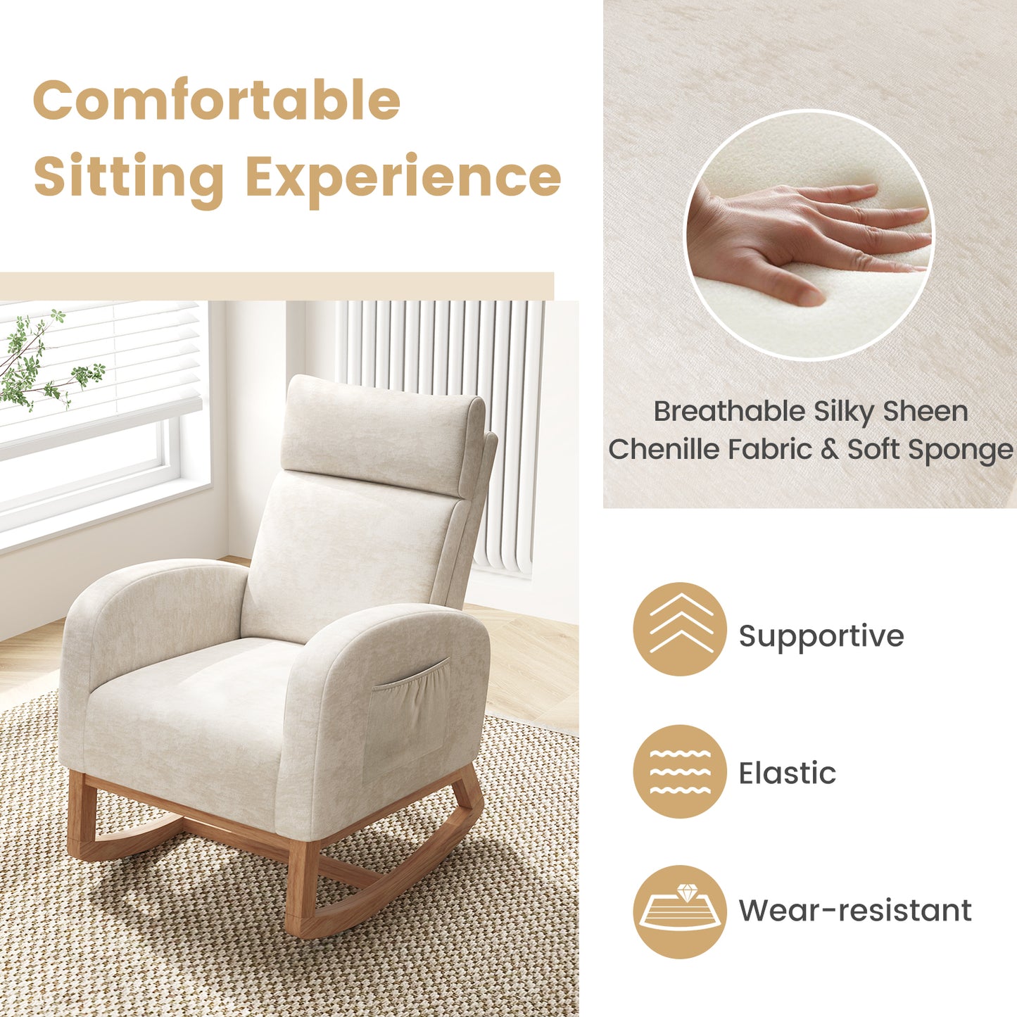 Upholstered Rocking Chair with Rubber Wood Frame