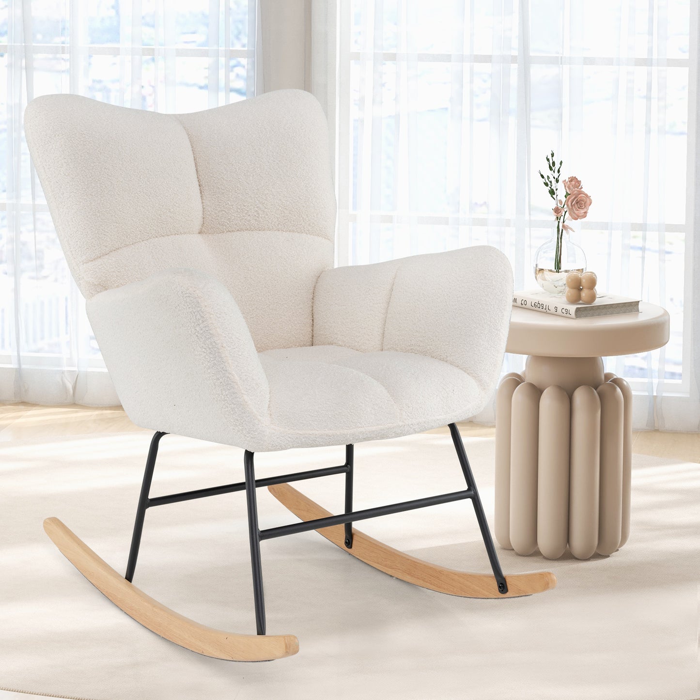 Nursery Rocking Chair with Teddy Fleece Upholstery - Beige