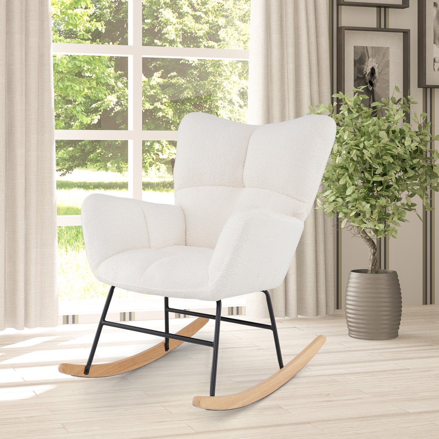 Nursery Rocking Chair with Teddy Fleece Upholstery - Beige