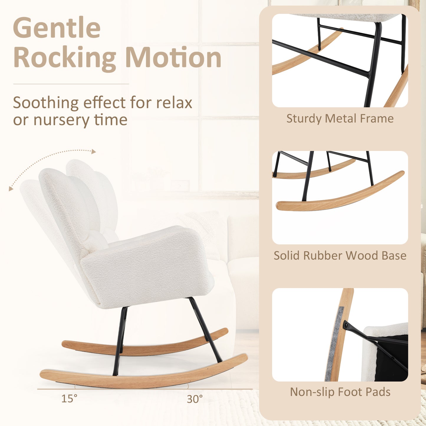 Nursery Rocking Chair with Teddy Fleece Upholstery - Beige