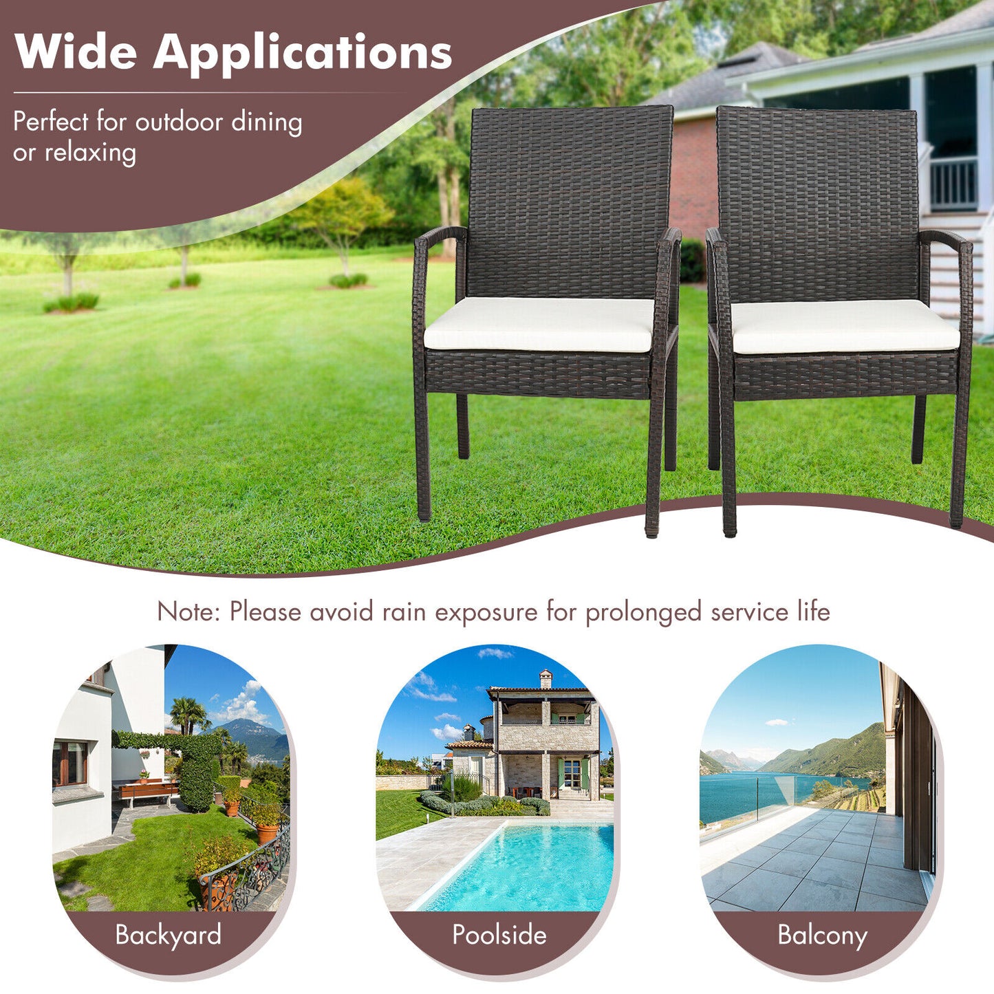 Patio Wicker Dining Armchairs Set with Cushions - Set of 2