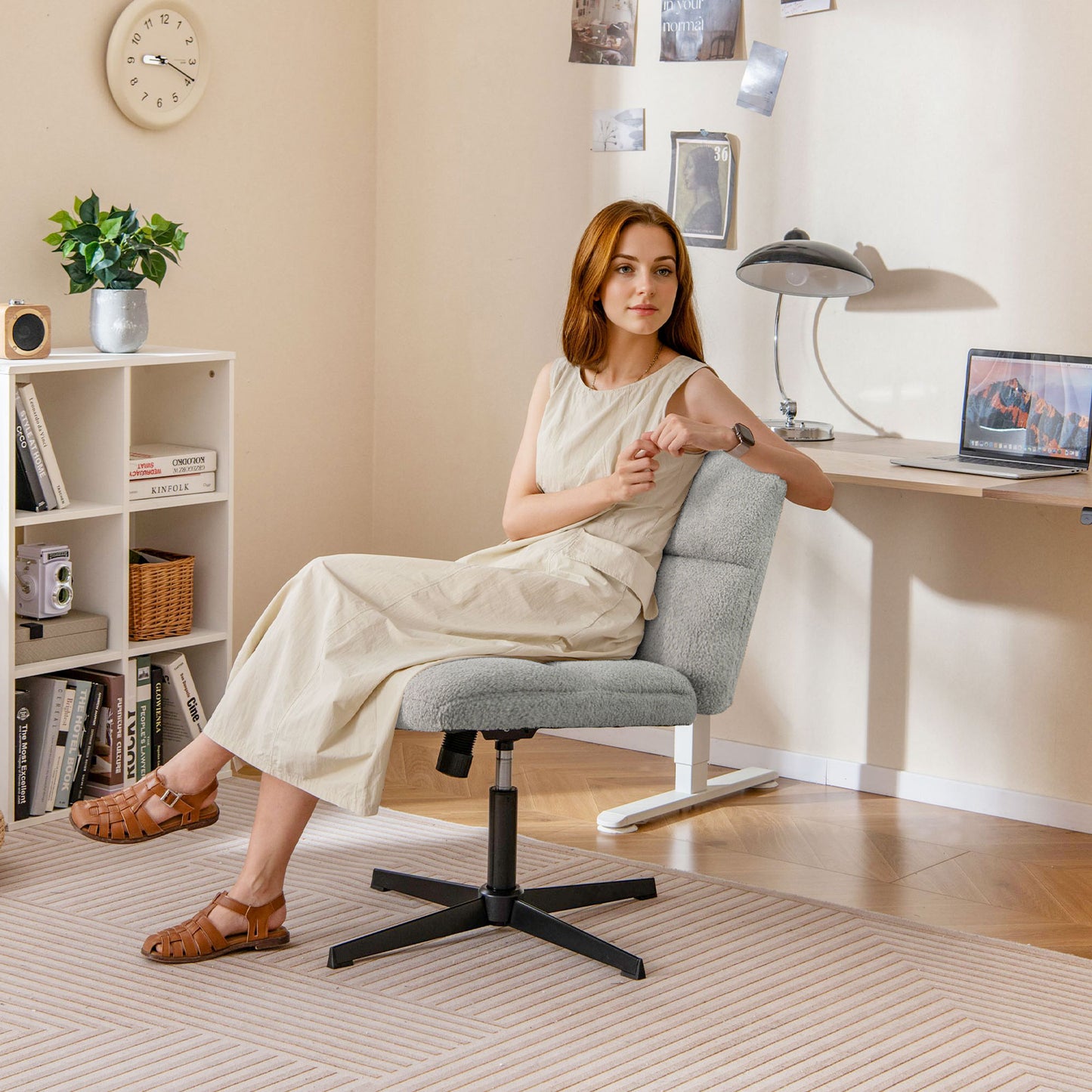 Armless Office Chair with Lamb Fleece & Adjustable Height