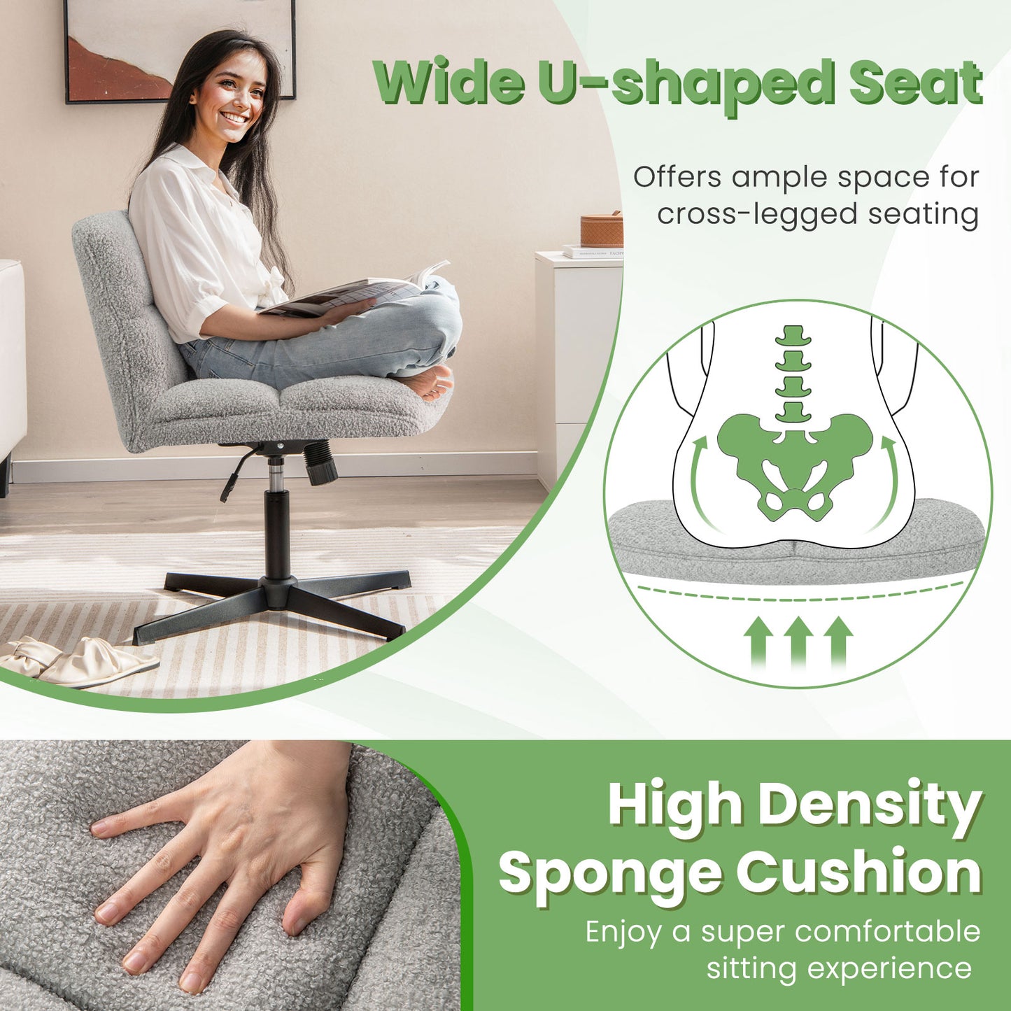 Armless Office Chair with Lamb Fleece & Adjustable Height