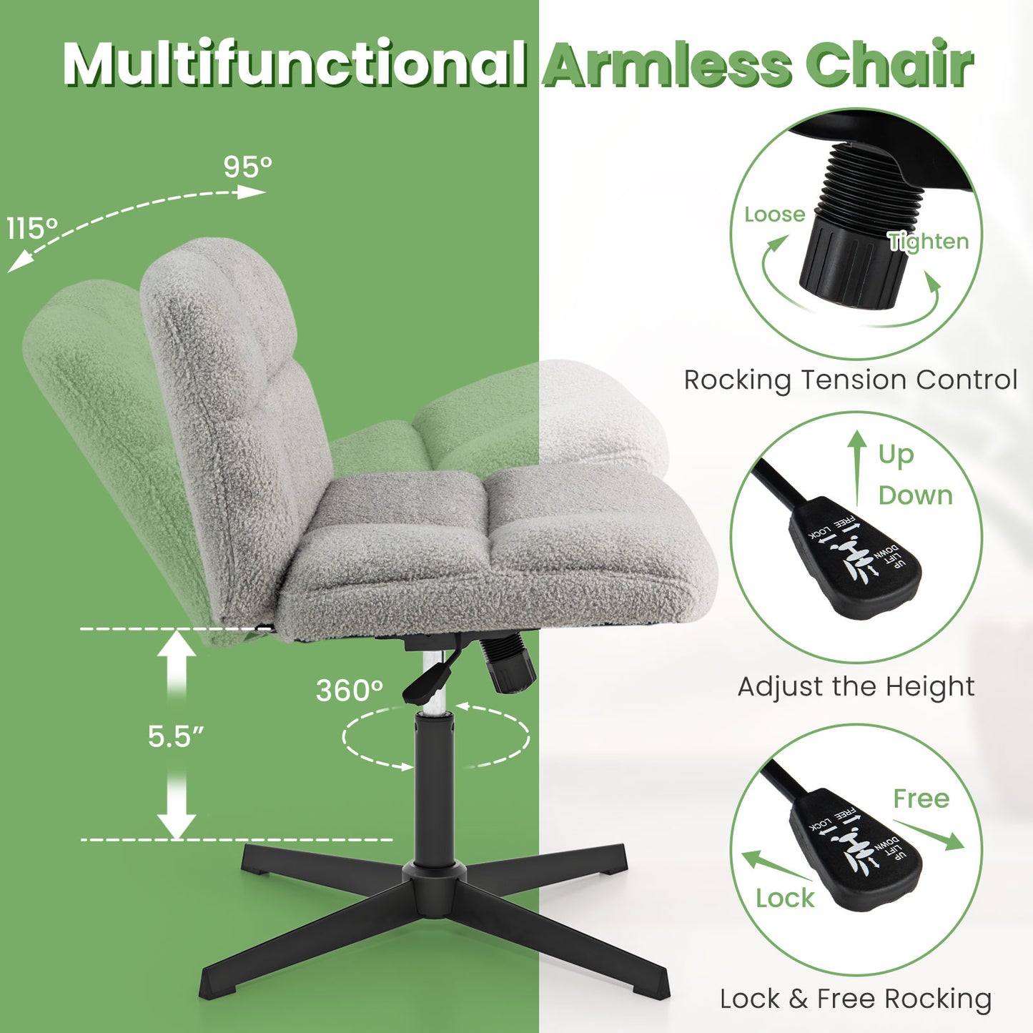 Armless Office Chair with Lamb Fleece & Adjustable Height
