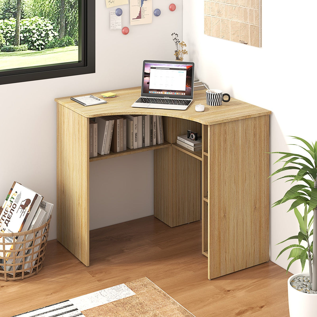 Corner Computer Desk Triangle Home Office Desk with Adjustable Shelf and Arc-Shaped Profile