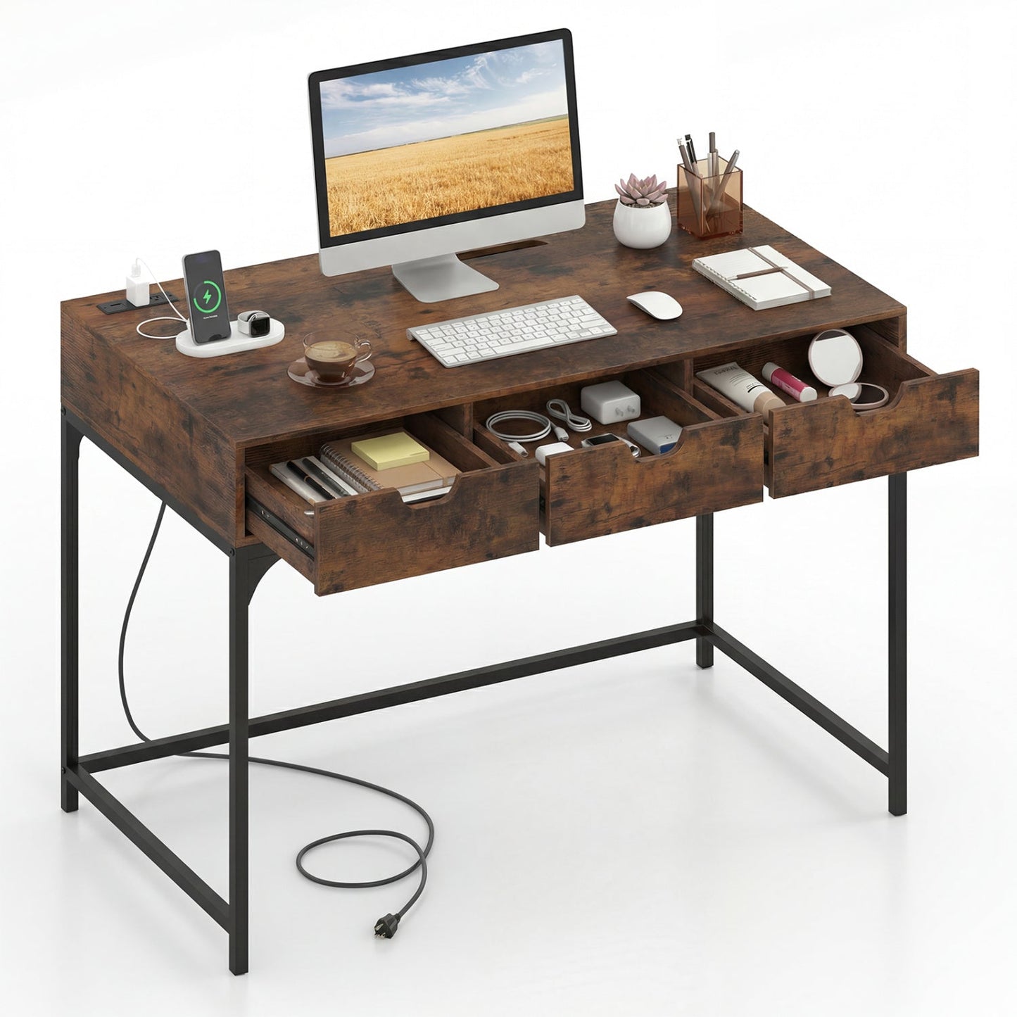 Office Desk with Power Outlets and Hidden Compartment for Study