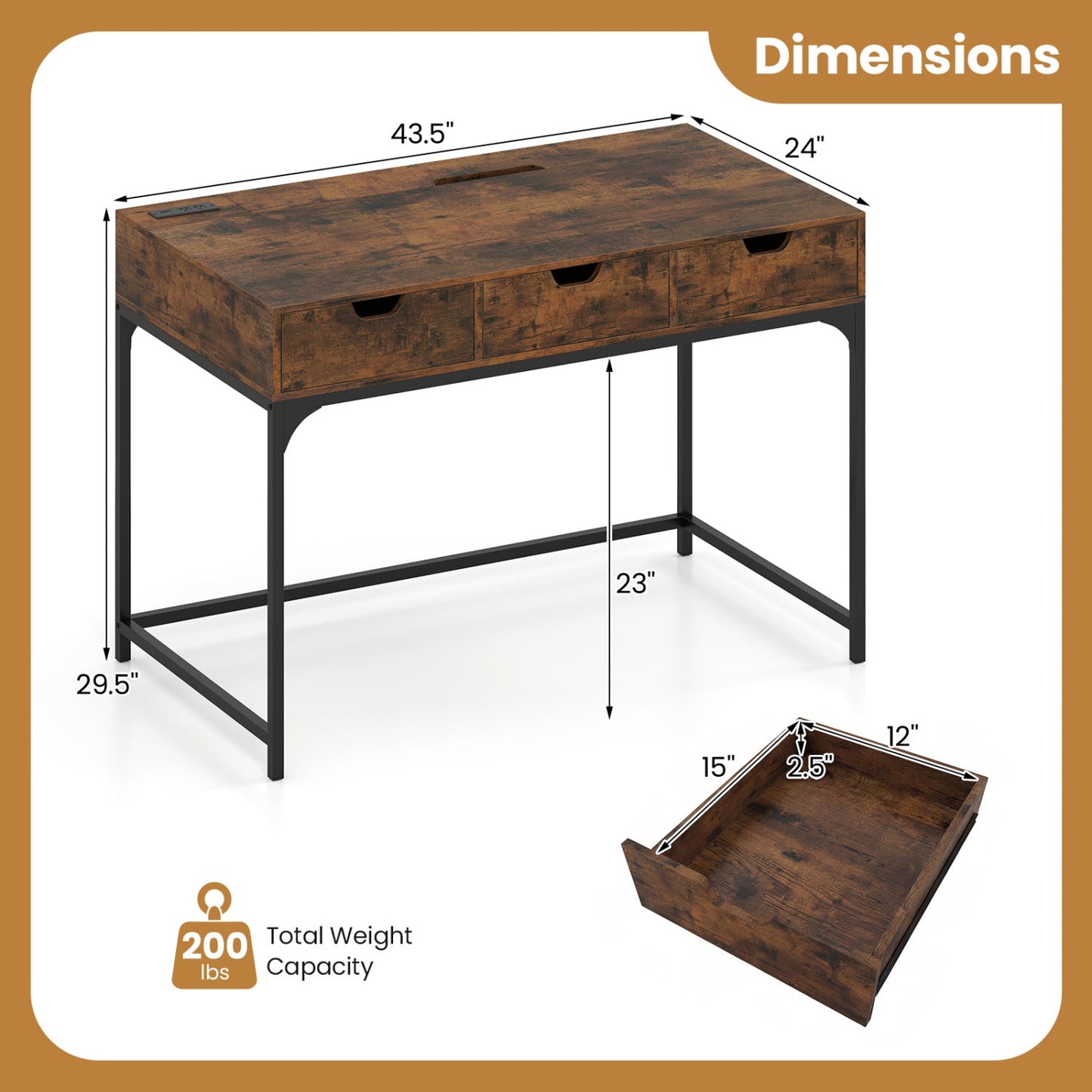 Office Desk with Power Outlets and Hidden Compartment for Study