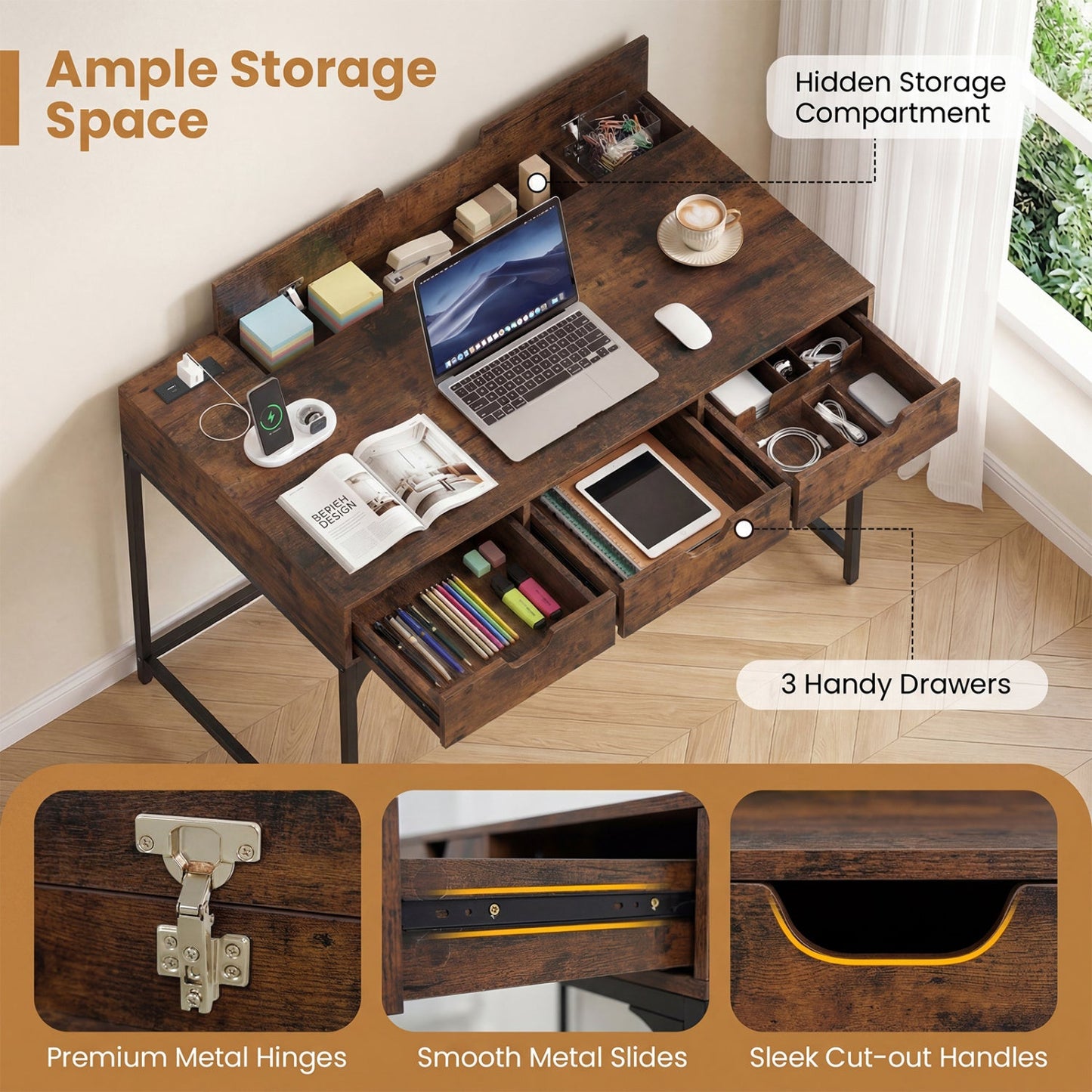 Office Desk with Power Outlets and Hidden Compartment for Study