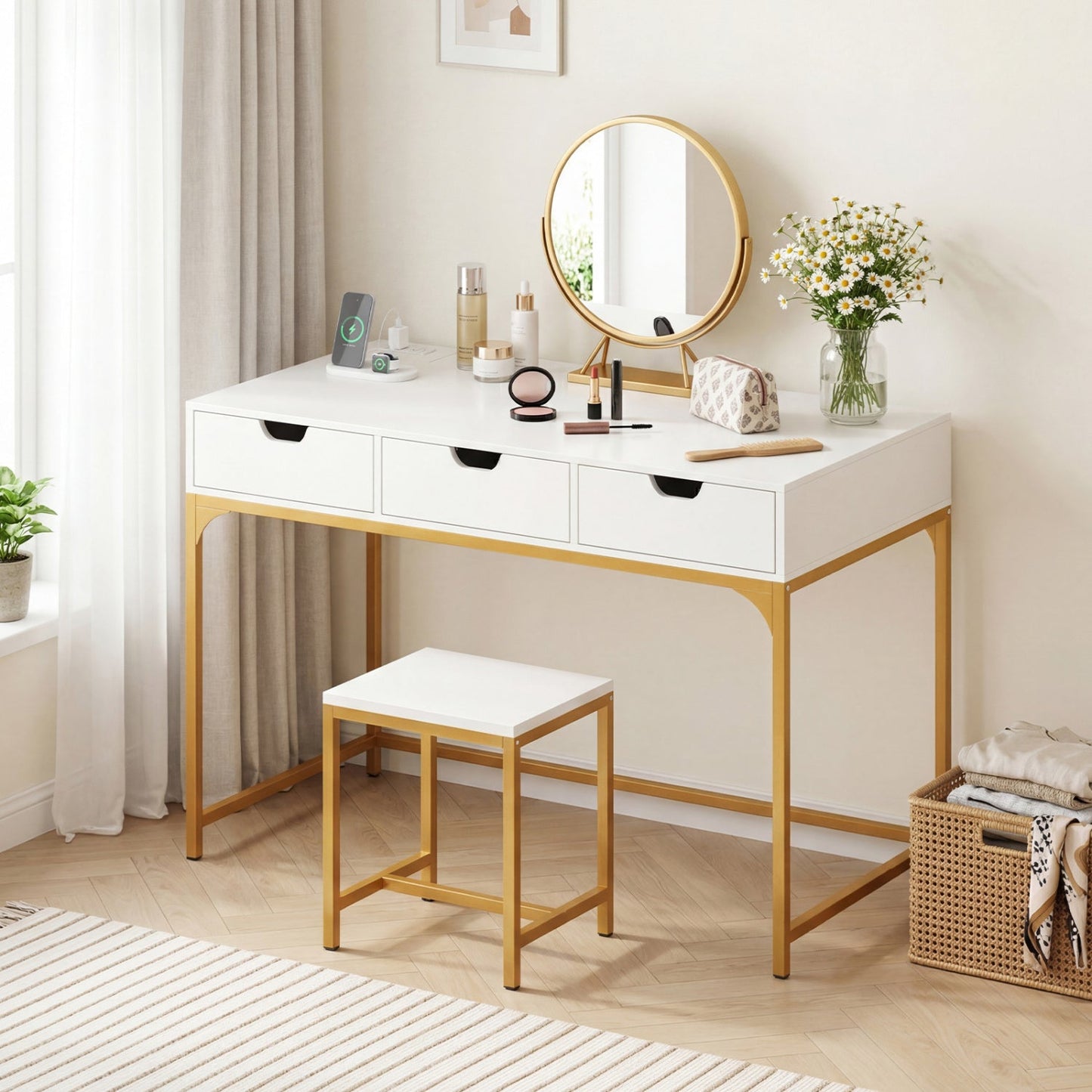Office Desk with Power Outlets and Hidden Compartment for Study