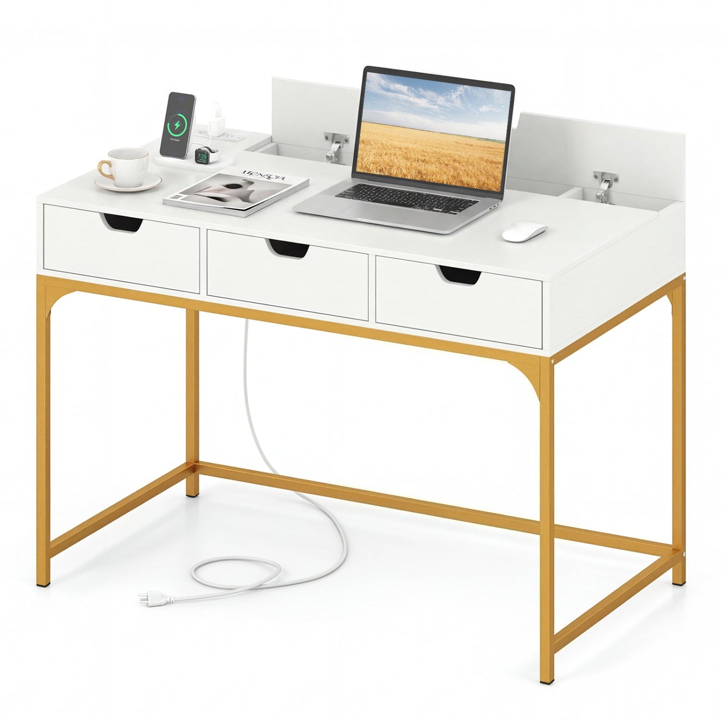 Office Desk with Power Outlets and Hidden Compartment for Study