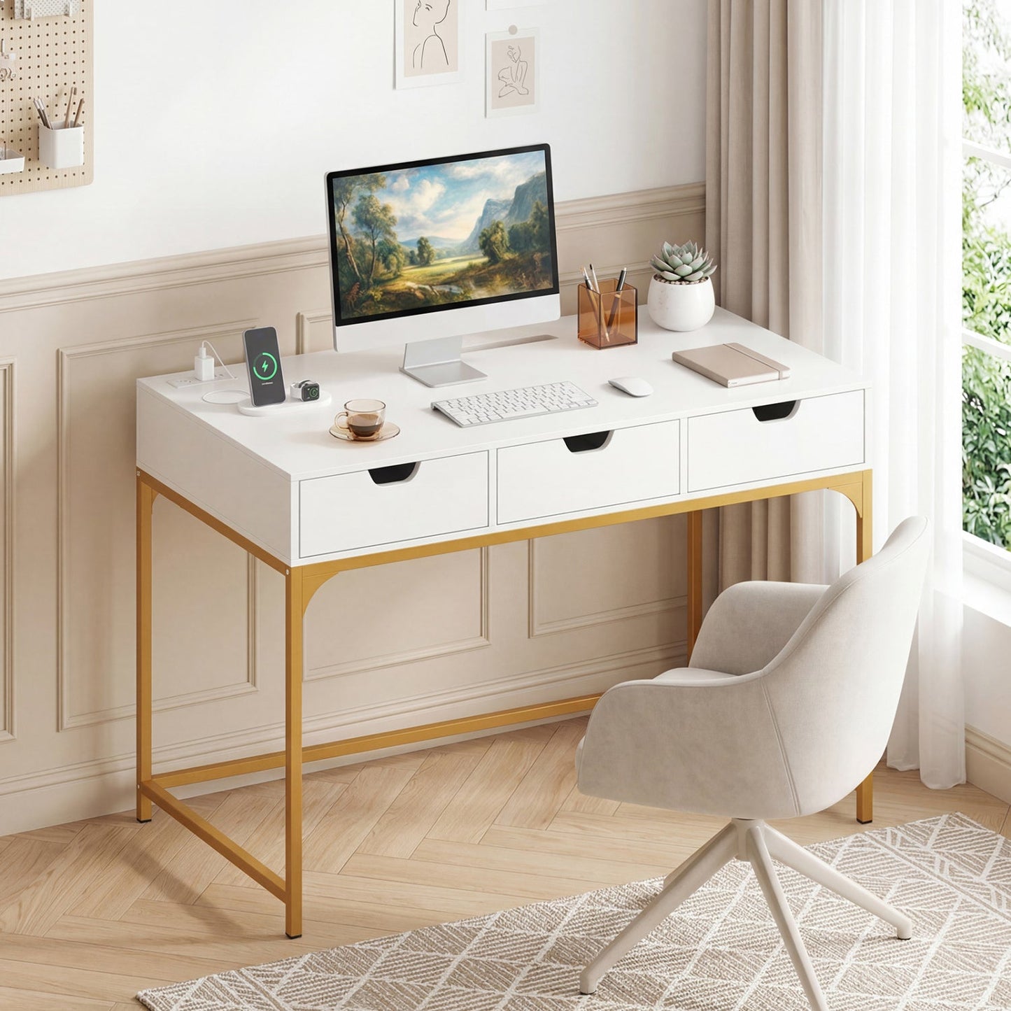 Office Desk with Power Outlets and Hidden Compartment for Study