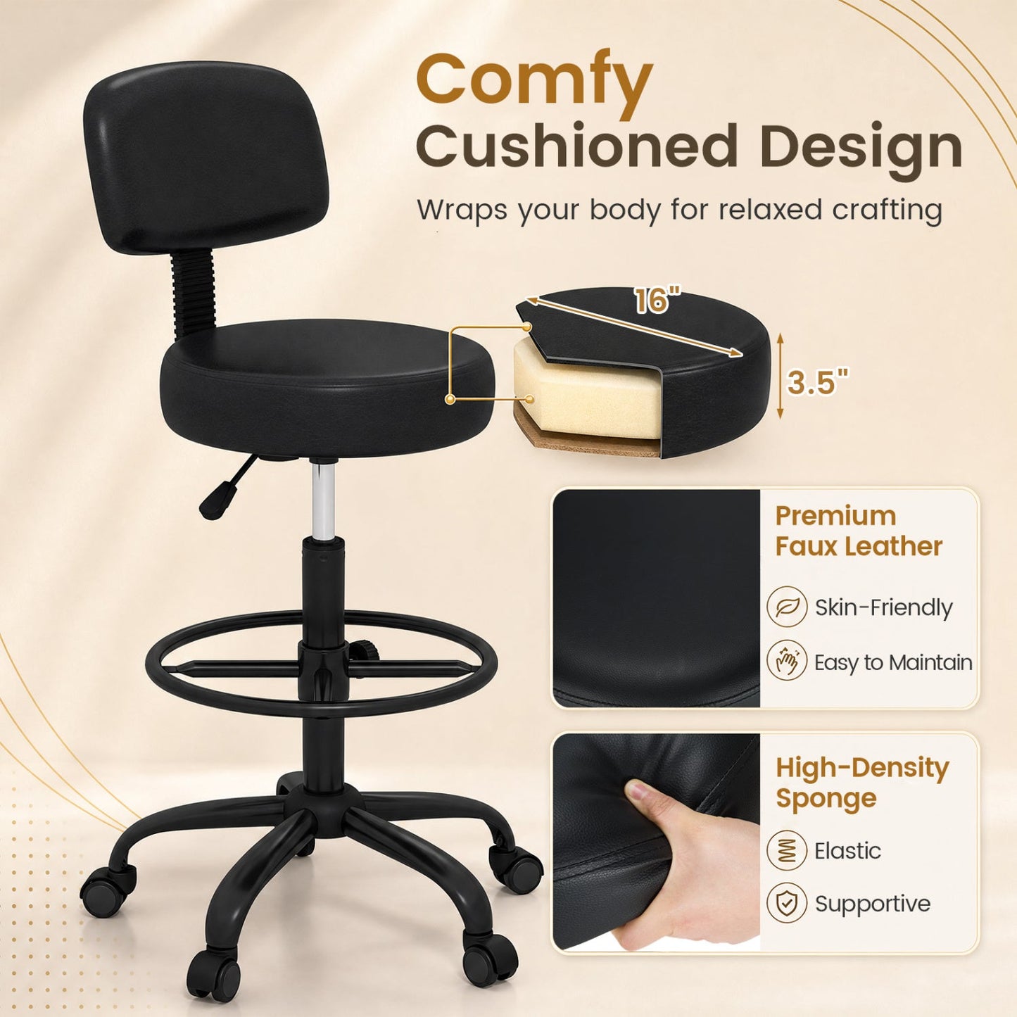 Drafting Chair with Adjustable Height & Footring