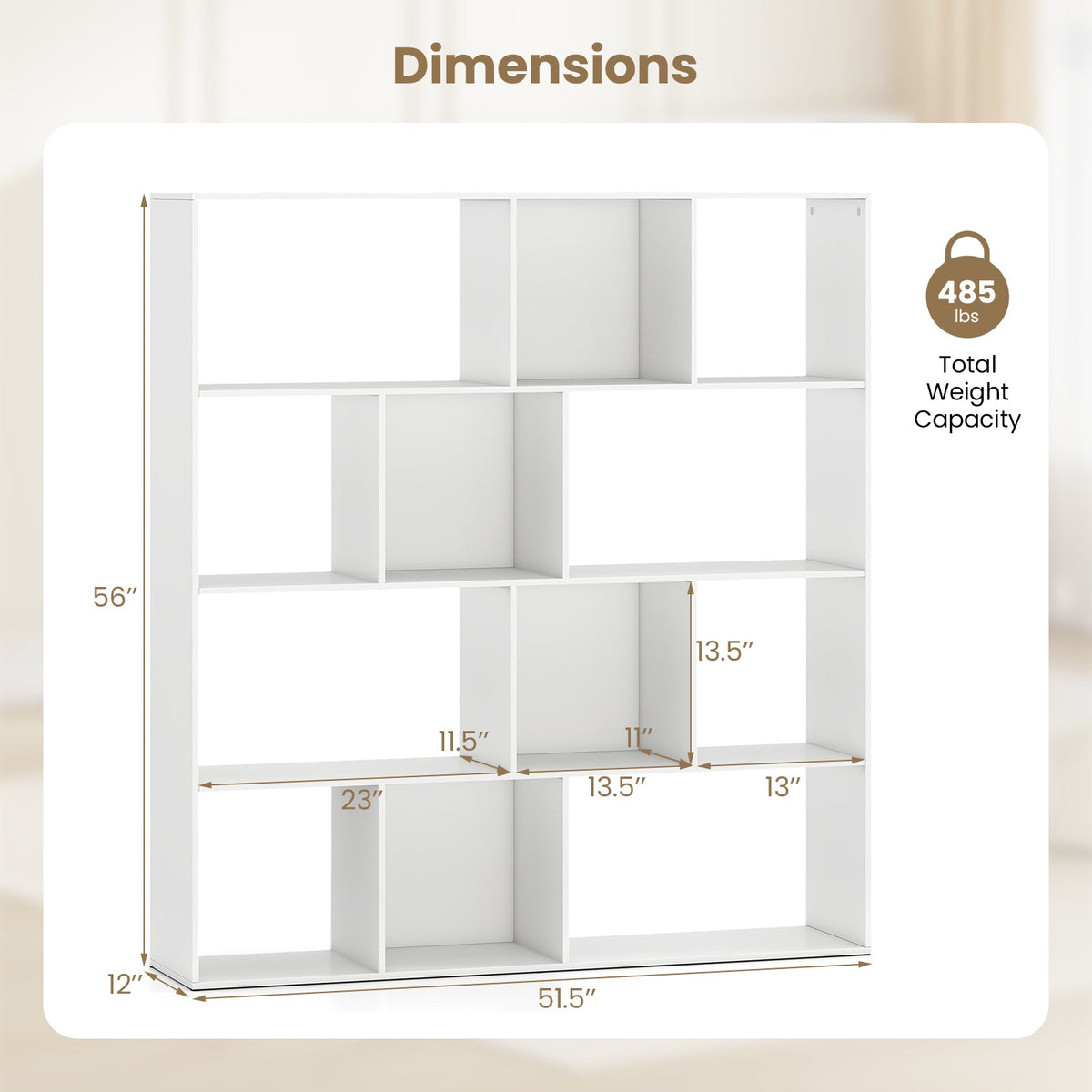 Open Shelf Bookcase 4-Tier Modern Bookshelf with 12 Storage Compartments-White